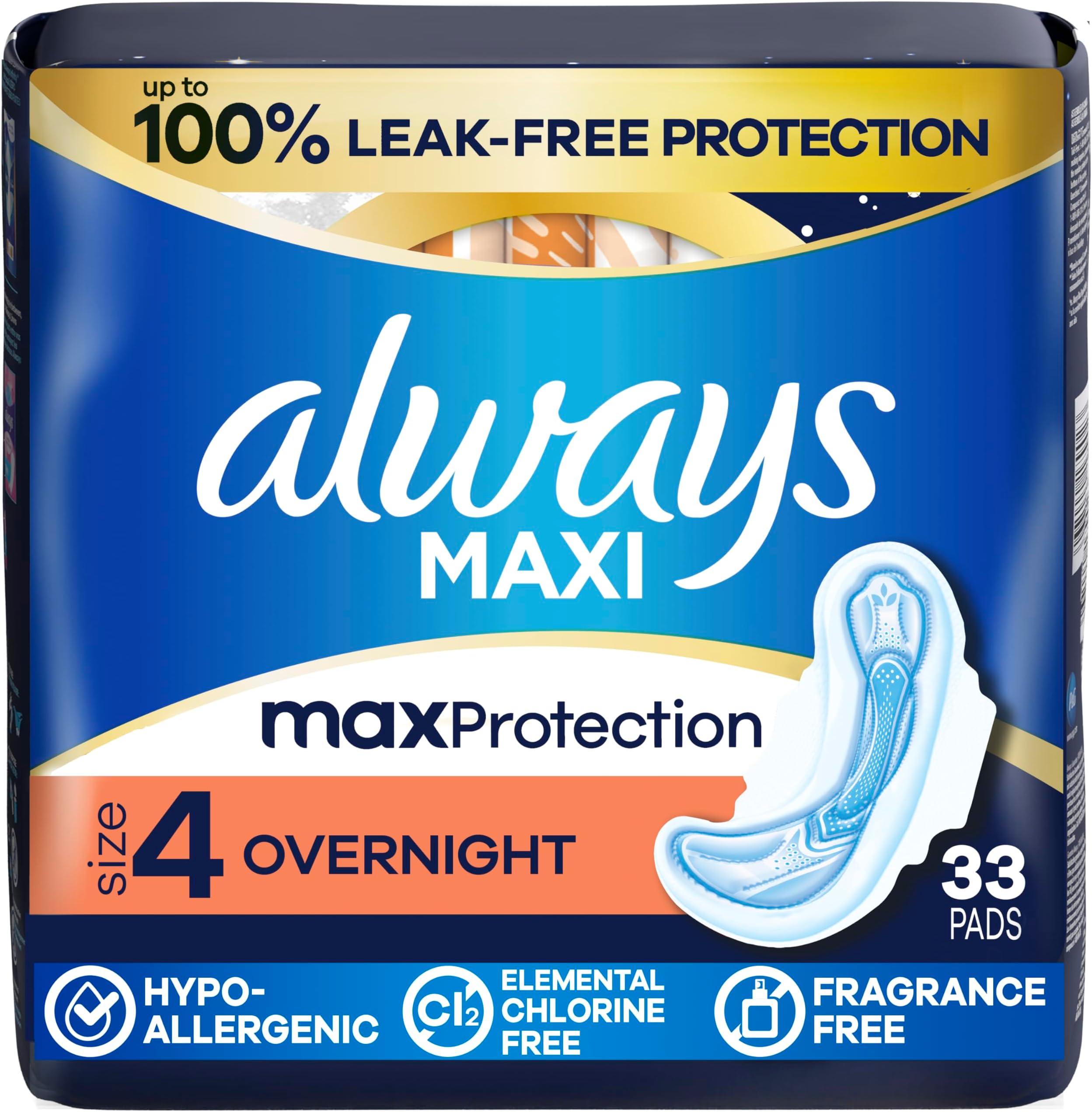 Always Maxi Pads, Overnight WithFlexi-Wings, Unscented, 33 Count by Always