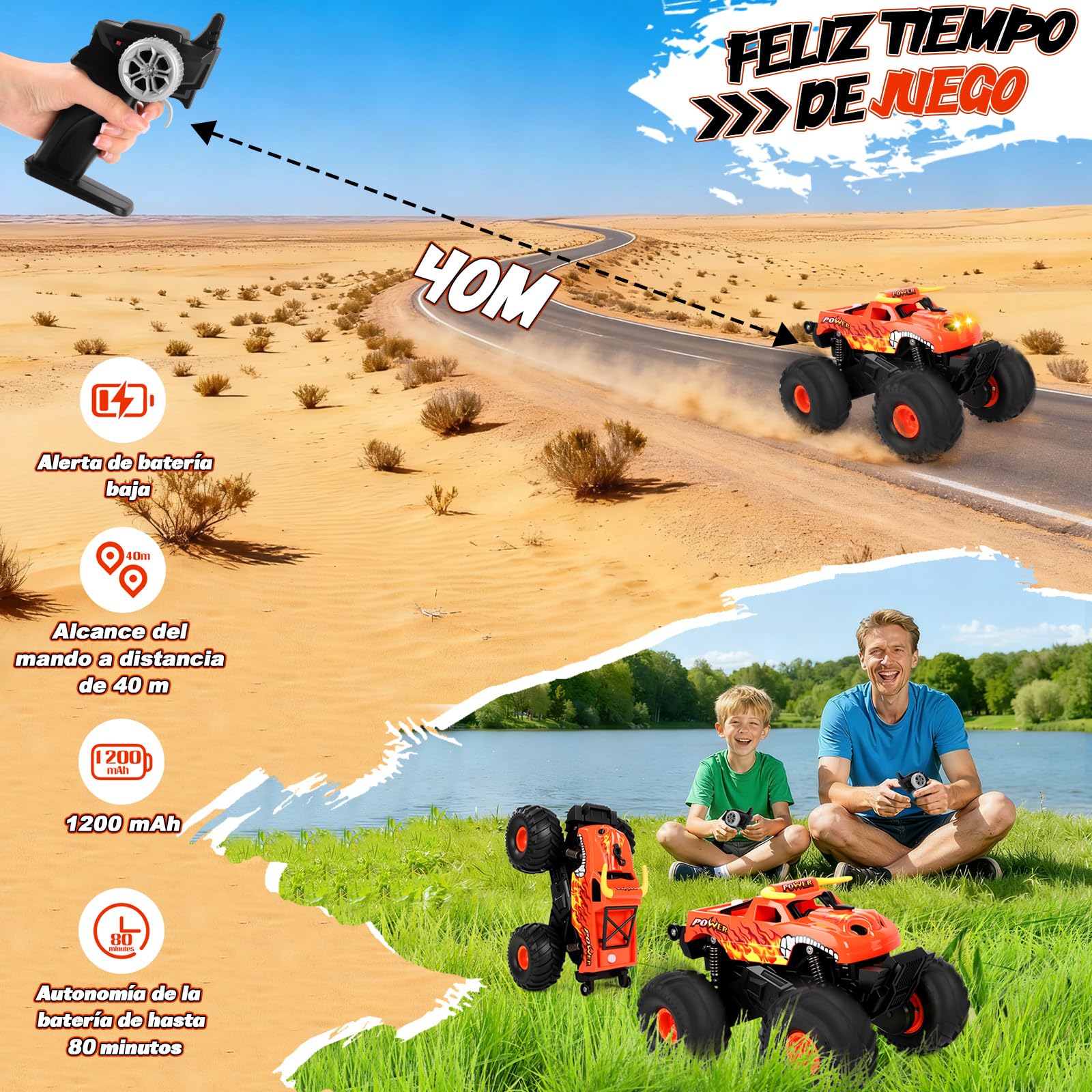 Charmofun Monster Truck Teledirigido, Anfibio Coche Teledirigido con Luces Led e 2 Baterías, 2.4GHz 360° Rotación Impermeable RC Monster Truck, Coche RC 1:16 para Niños (Rojo)