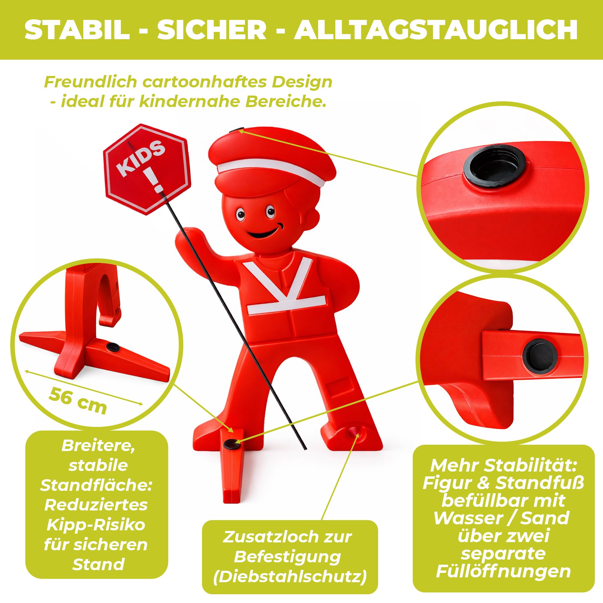 SafetyGuy Achtung Kinder Aufsteller mit Reflektoren | 120 cm Kinderwarnaufsteller mit Reflektoren, breitem Standfuß und optionalem Solarlicht für Einfahrt, Spielstraße
