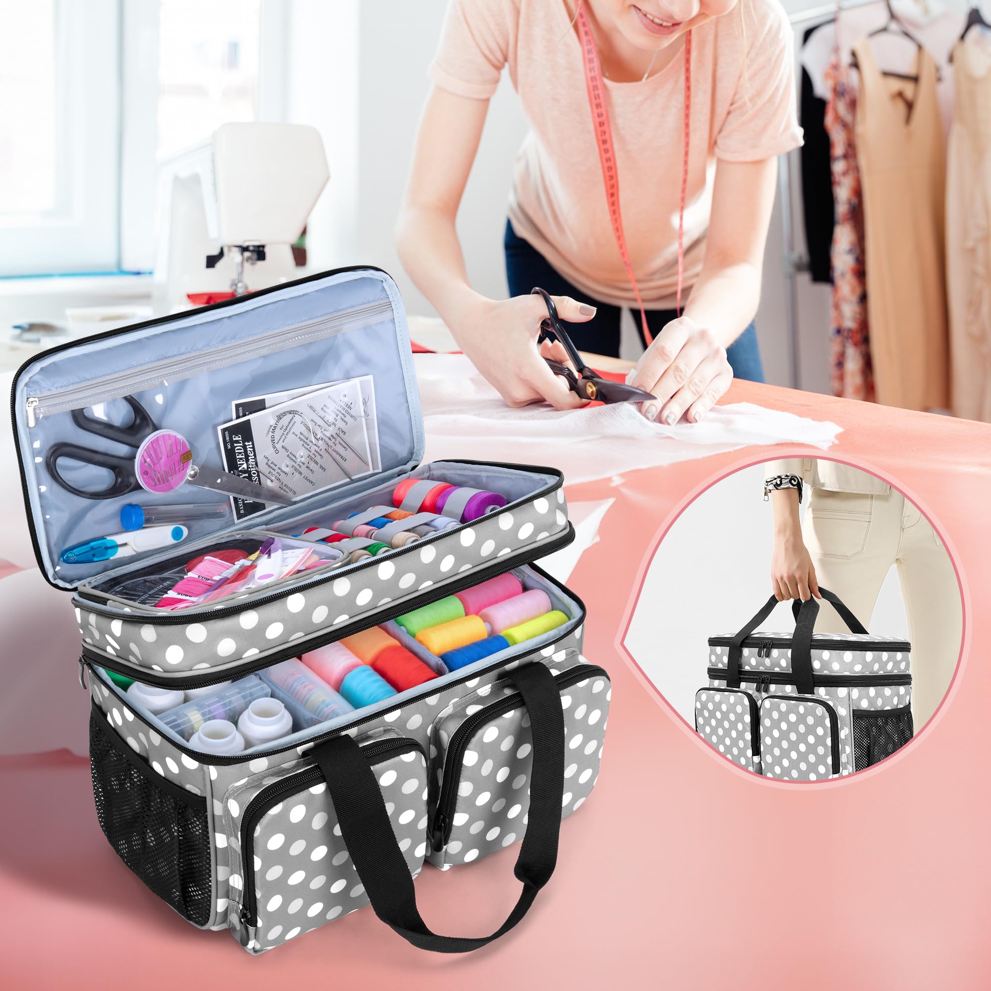 BAFASO Sac pour Kit de Couture, Boite a Couture Double Couche, Points Gris | Organisateur pour Accessoire Couture avec 1 Pochette et des Séparateurs Amovibles, (Aucun Accessoire)