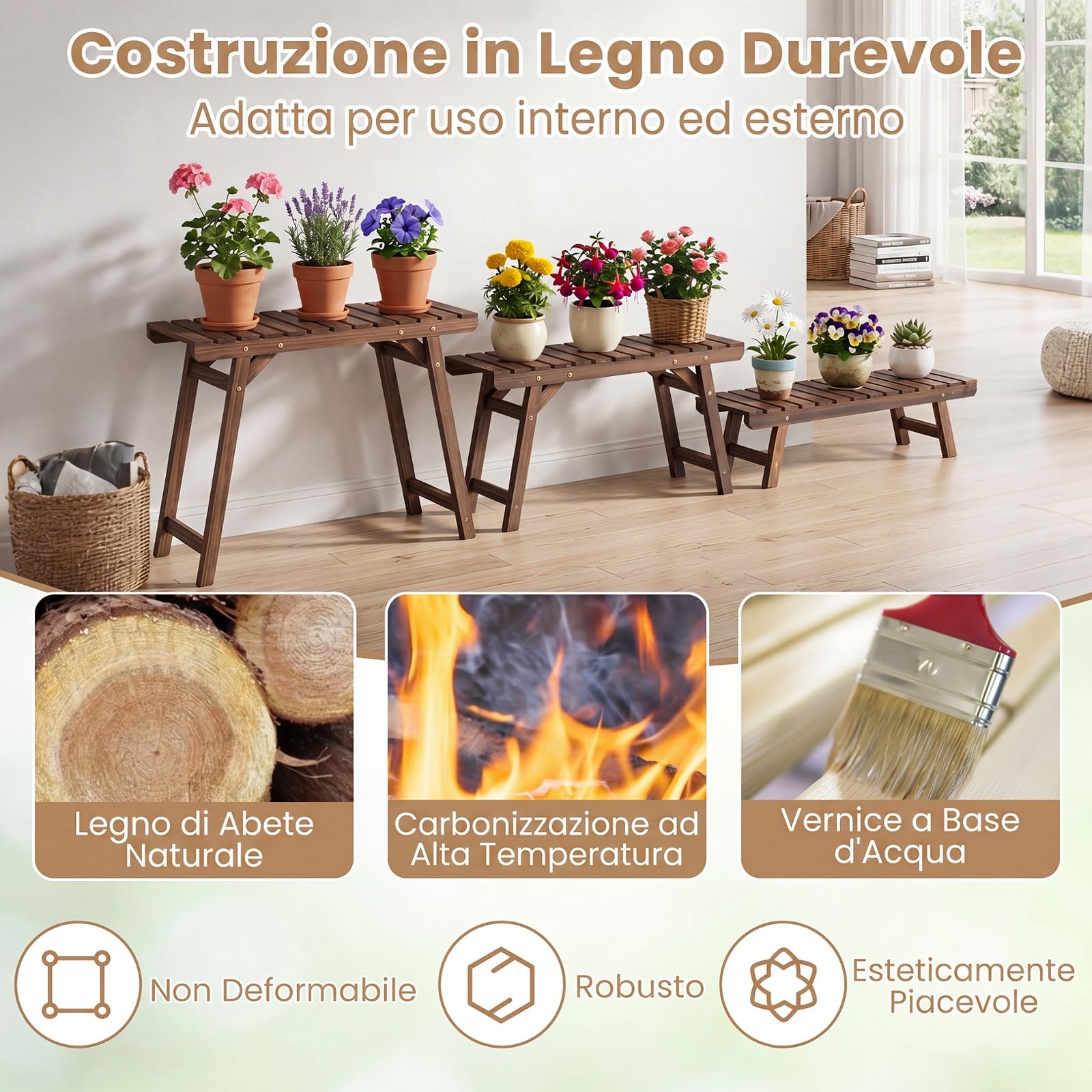 COSTWAY Porta Piante a 3 Livelli in Legno di Abete a Doghe | Scaffale Portavasi a Scala da Interno ed Esterno per Terrazza, Balcone e Giardino, Marrone