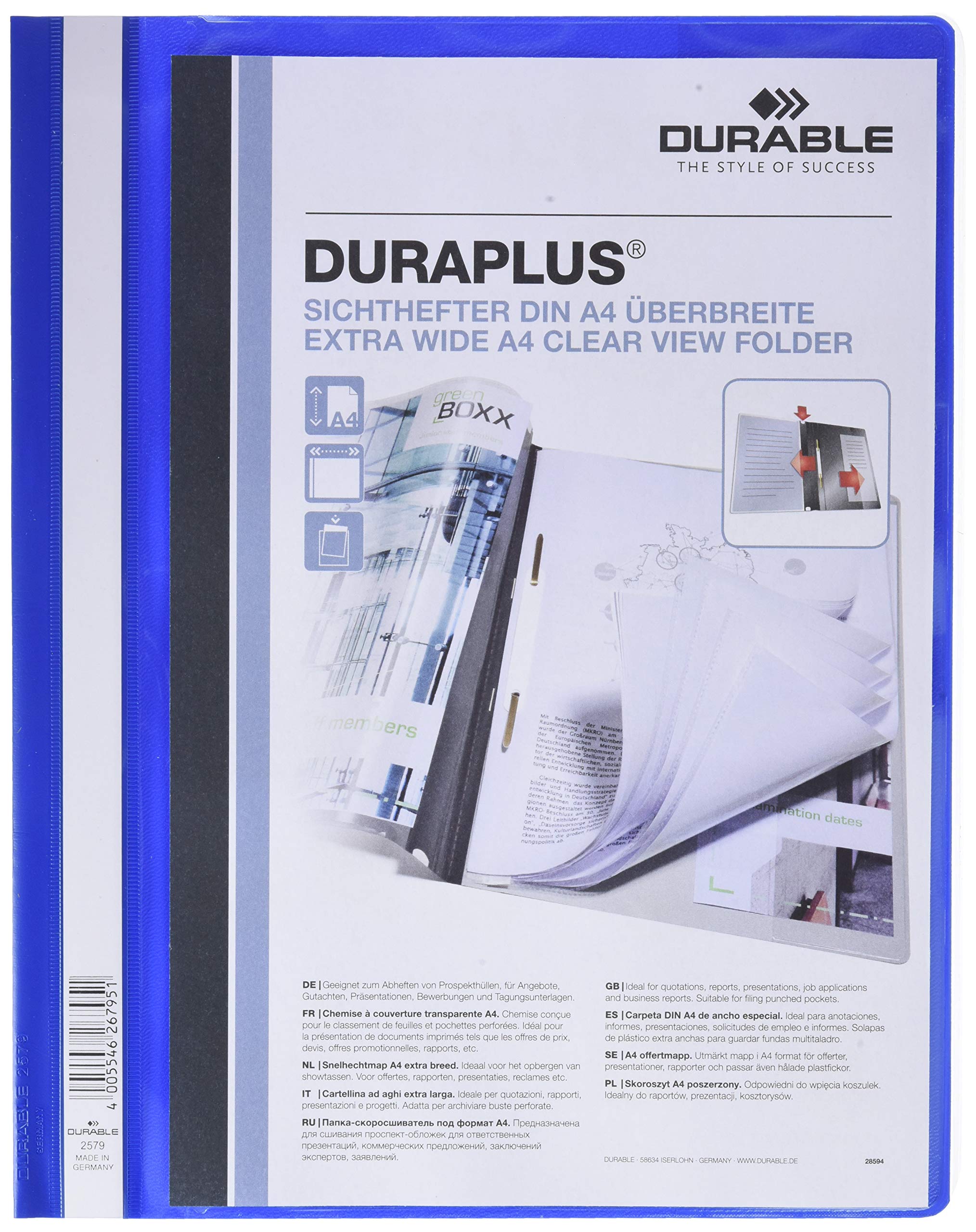 DurableDURAPLUS Presentation Folder, Pack of 25 A4 Folders, Blue, ideal For Storing Presentations, Quotations, Invoices, School Work, etc.