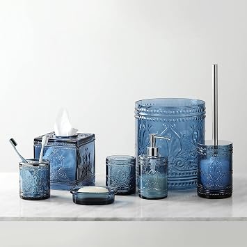 4PCs Heavy Weight Decent Real Blue Glass Bathroom Accessories Set with Decorative Pressed Pattern - Includes Hand Soap Dispenser & Tumbler & Soap Dish & Toothbrush Holder(Blue)