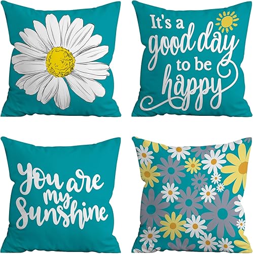 Juego de 4 fundas de almohada de 18 x 18 pulgadas, color verde azulado, fundas decorativas para sofá, para interiores y exteriores, fundas de