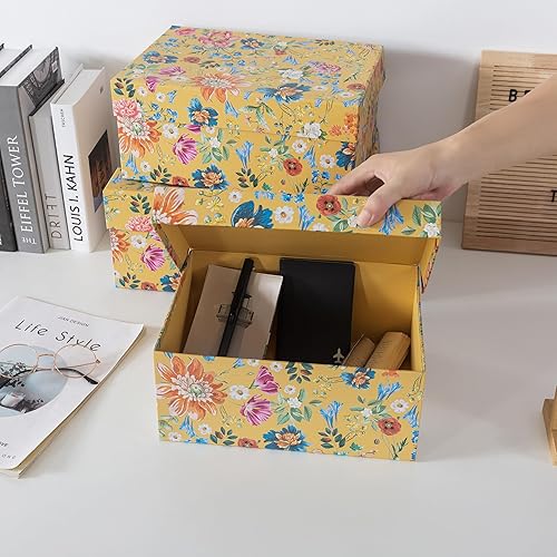 Miniatura 7 de Soul & Lane Cajas de almacenamiento decorativas con tapas con bisagras, Golden Bloom - Juego de 3 cajas de recuerdo floral con tapas, almacenamiento