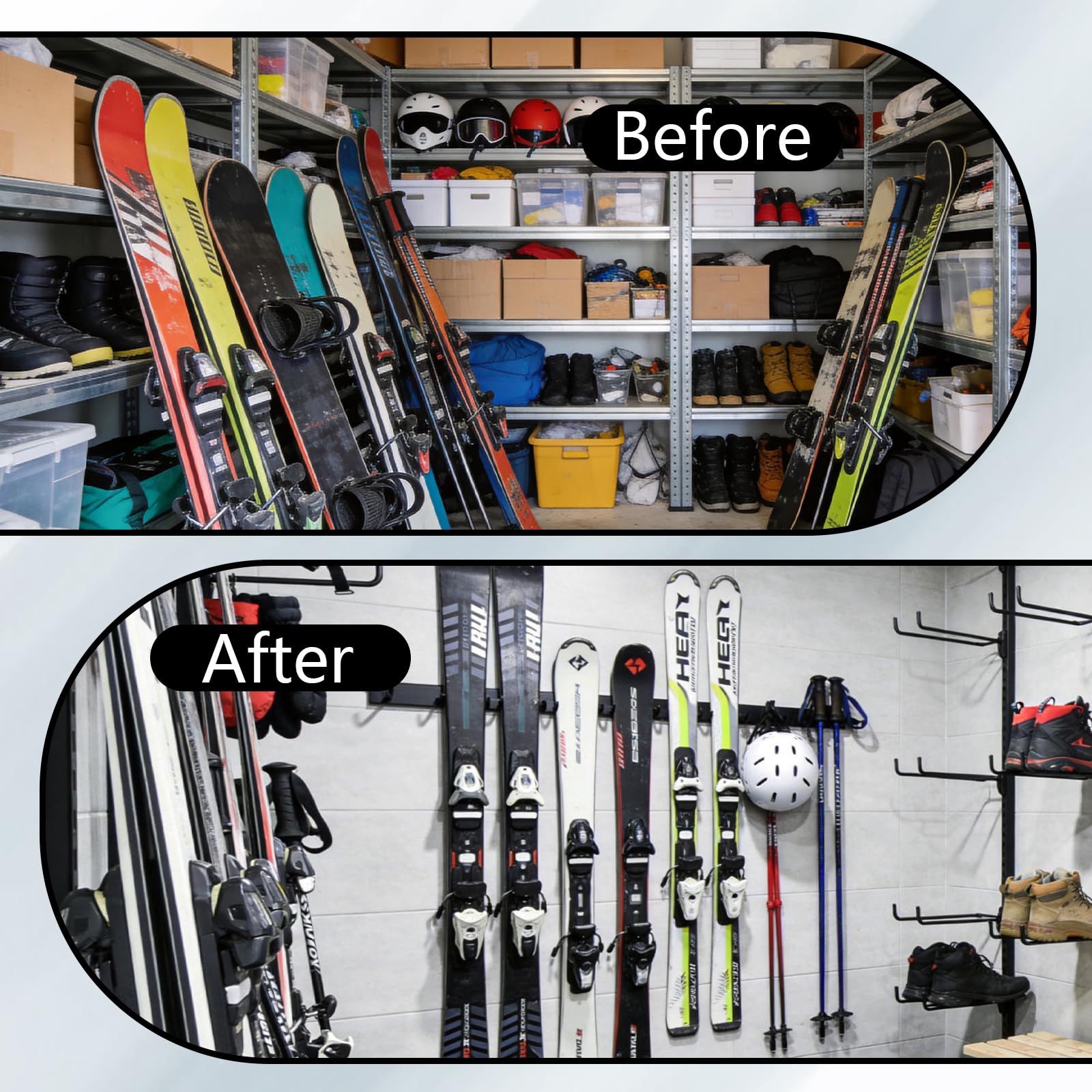 Ski Snowboard Wandhalterung Set, Ski Aufbewahrung Wandhalterung für 10 Paare Ski bis 300LBS/136 KG Tragfähigkeit, Haus und Garage Ski Storage Rack Wandhalterung