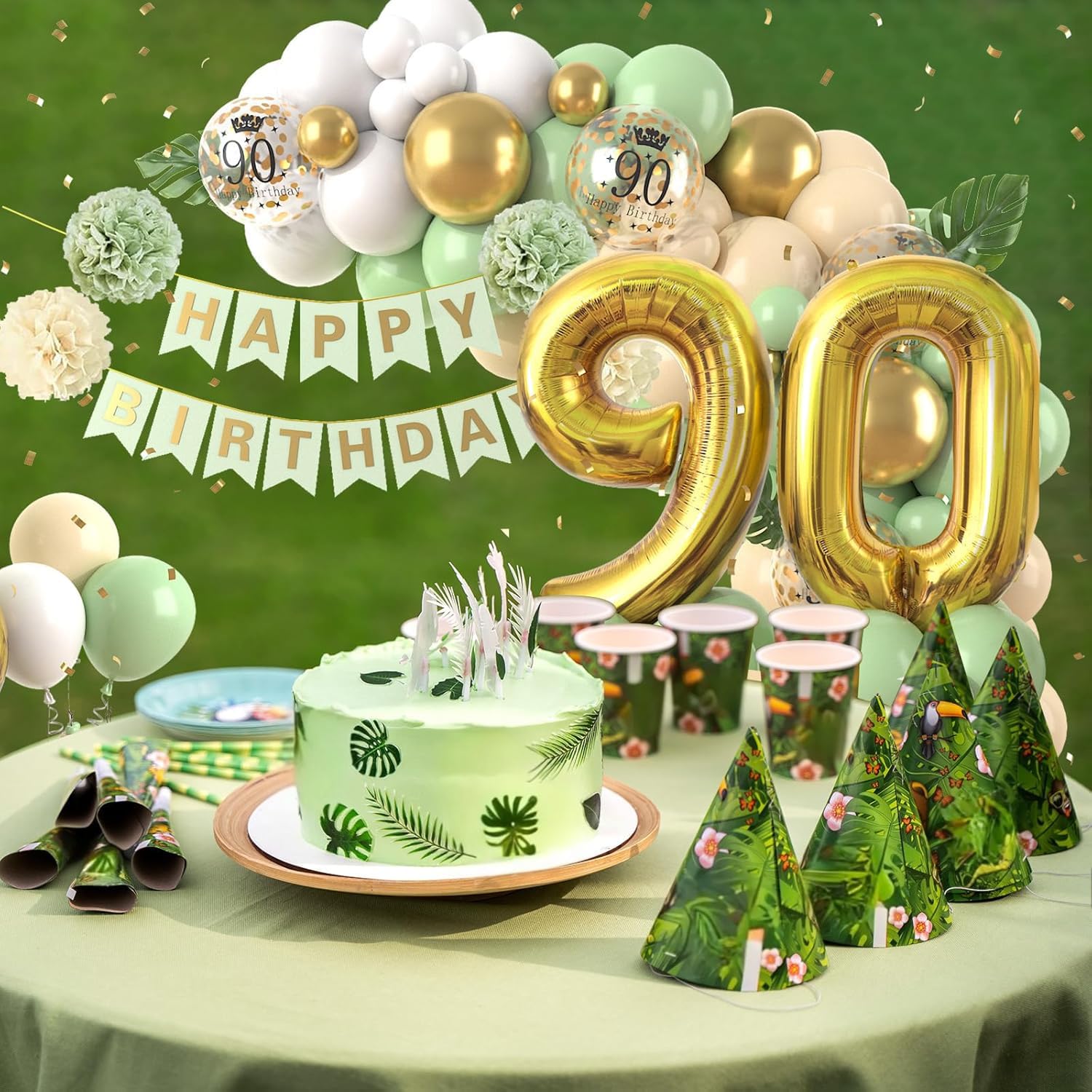 Decoraciones de 90º Cumpleaños Verde salvia,Decoraciones de 90º Cumpleaños Guirnalda de Globos con Globos del Número 90 para Hombres Mujeres Decoraciones de 90º Cumpleaños