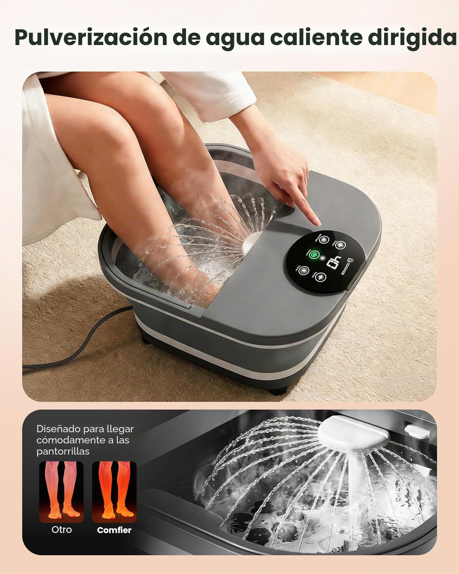 COMFIER Bañera Spa Masajeador para Pies Eléctrico con Calor y Masaje Automático por Rodillos, Temperatura Ajustable, Rociado de Agua Envolvente de 180°, Gran Pantalla LED, Placas de Masaje Desmontable