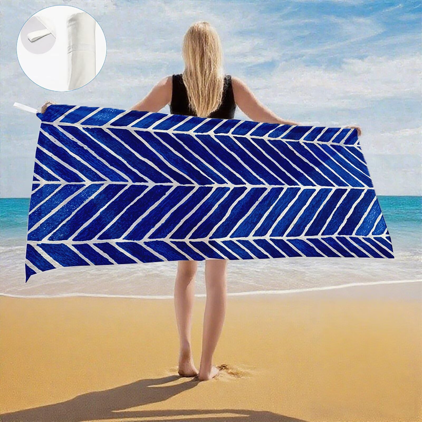 Serviette Plage Bande Motif, Serviette de Plage XXL 100x180 avec Sac, Serviettes de Bain Microfibre Séchage Rapide Anti-Sable Absorbante Fonction pour Bain, Sport, Voyages, Sauna, Piscine Q-938