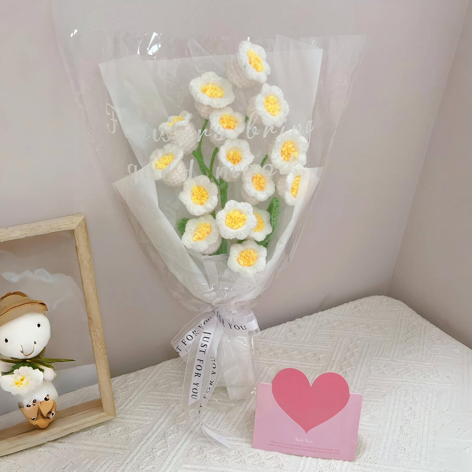 Crochet Flowers Bouquet,Hand Knitted Lily of The Valley,Eternal Warm Artificial Flowers Bouquet,Faux Plants Home Decor Gift for Mother Father Teacher
