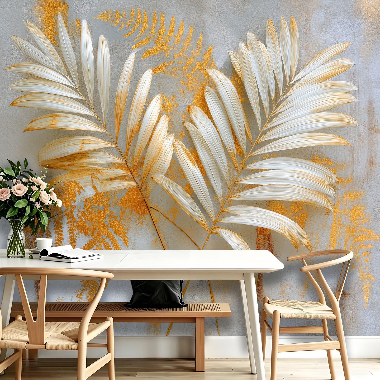 Nowoczesna minimalistyczna fototapeta, botaniczna folia z liści palmowych, złota folia, tapeta z włókniny, 350 x 256 cm, tapeta ścienna 3D, tapeta ścienna do salonu, kuchni, sypialni i pokoju