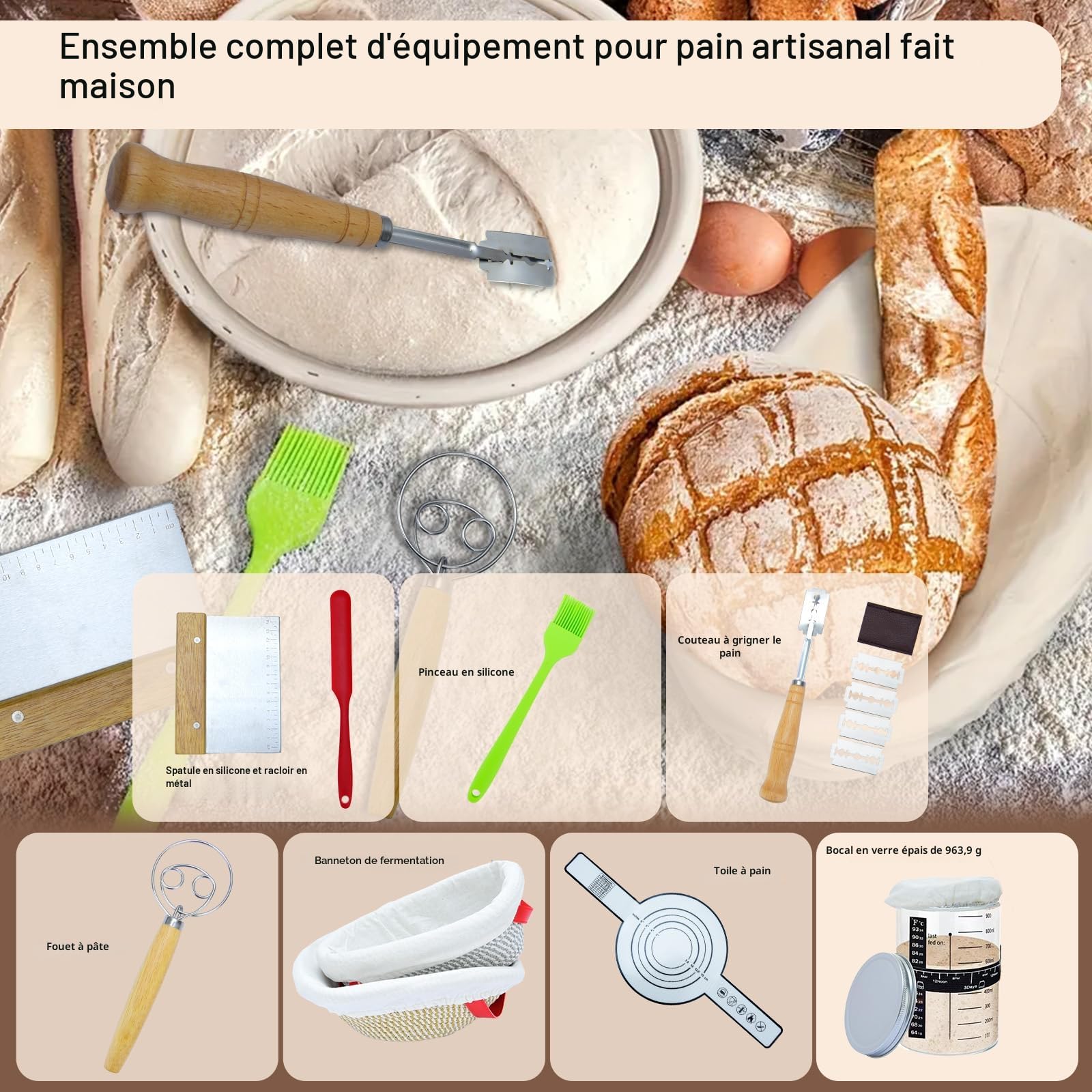 Banneton Pour Pain Ensemble De Cuisson, 11PCS Levain Ensemble De Pain Avec 2 Paniers De Levain, Couteau à Avec 5 Lames, Brosse, Grattoir Et Housse De Linge