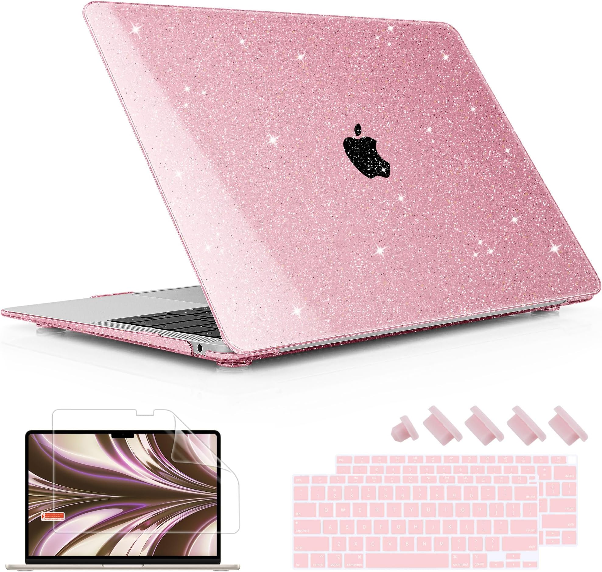 May Chen Compatible with MacBook Air 13 inch Case 2021 2020 2019 2018 Release Models: M1 A2337 A2179 A1932, Plastic Hard Shell Case for Mac Air 13 inch with Retina Fits Touch ID, Pink Glitter
