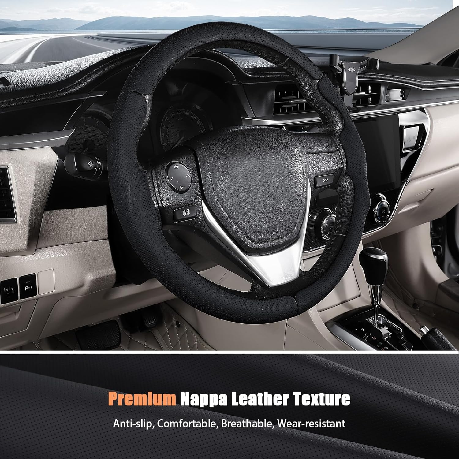 Aimato Customized Steering Wheel Cover for Toyota Corolla 2014-2019 / RAV4 2013-2018, Thin,Anti-Slip,Scratch-Resistant Exclusive Car Accessory for Toyota, Nappa Black