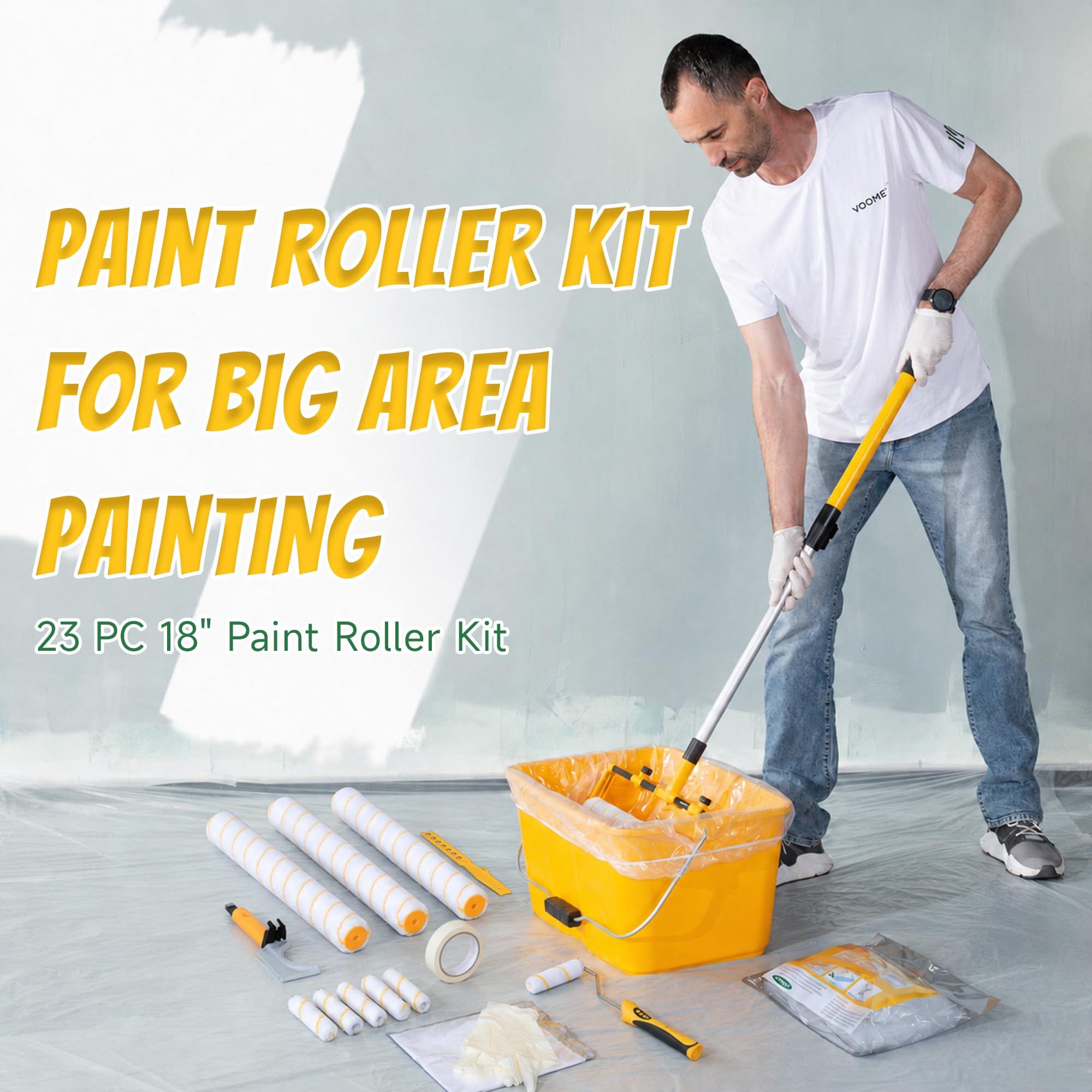 VOOMEY Kit rullo da pittura da 45,7 cm con asta di estensione da 9,7 m | Kit di pittura grande da 23 pezzi con rullo in microfibra, secchio e fodere per una copertura rapida su pareti e soffitti