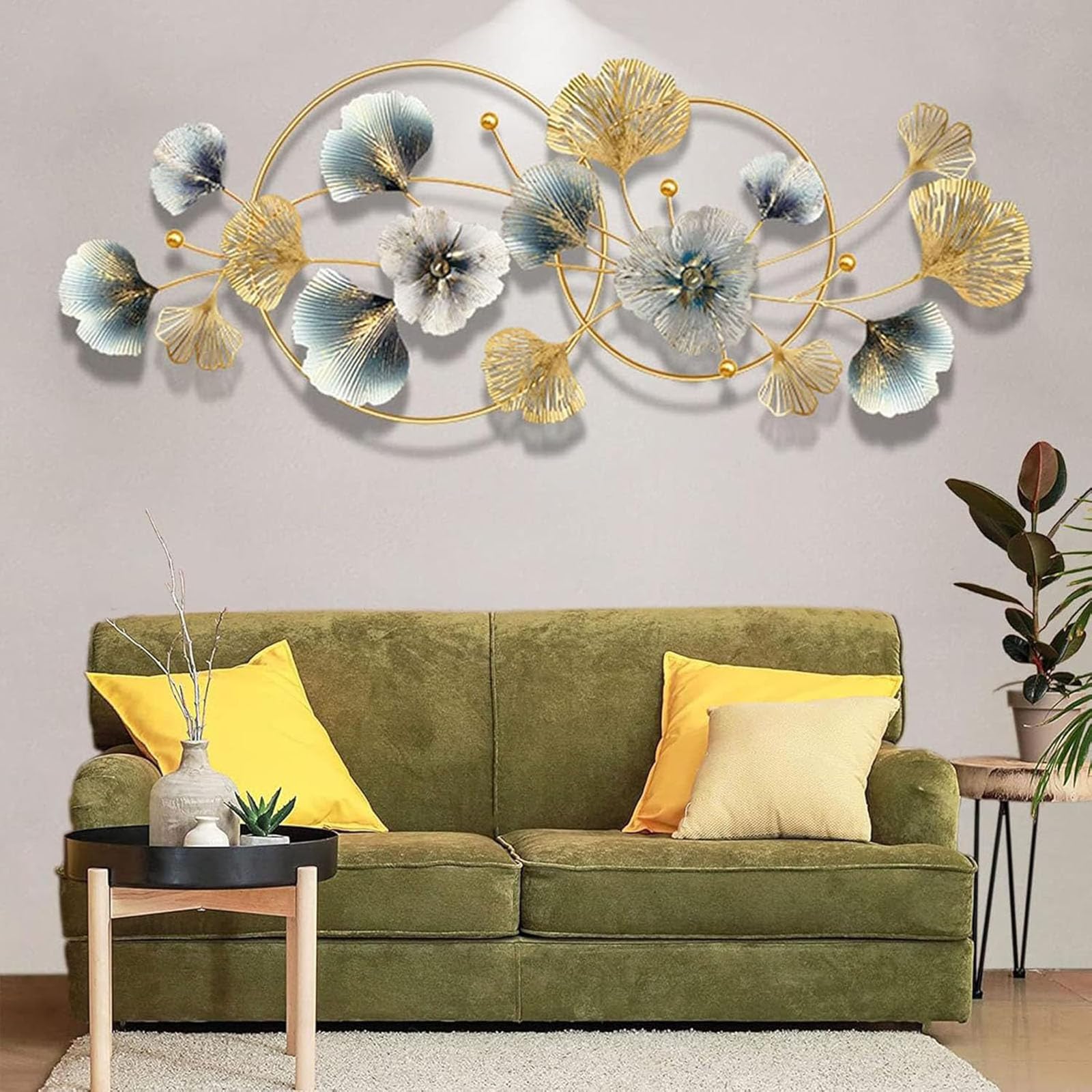 Genérico Decoración de pared de metal, arte de pared de metal para sala de estar, hojas azules doradas hechas a mano, escultura de dimensional 3D, decoración de para el hogar, 48 pulgadas