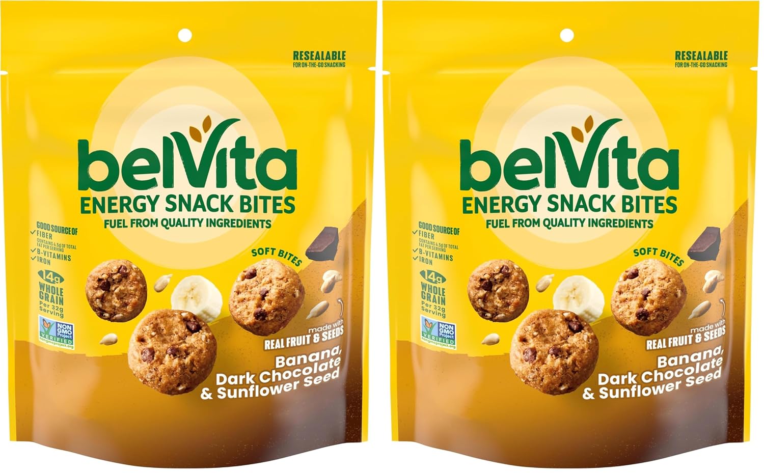 belVita Energy Snack Bites, Banana, Dark Chocolate and Sunflower Seed, 5 oz Bag (Pack of 2)