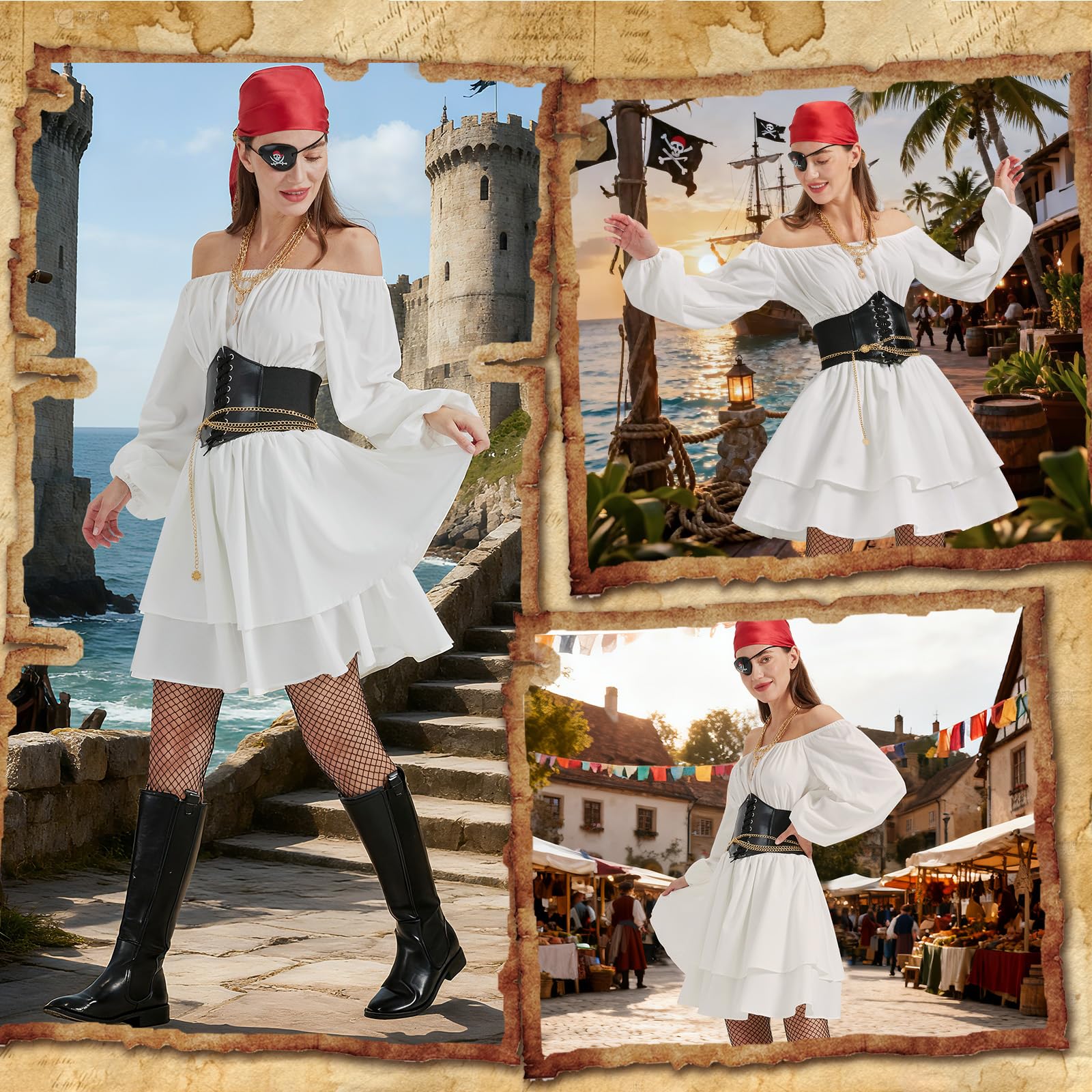 Joellfuner Disfraz Pirata Mujer, Vestido Blanco Pirata, Disfraz de Piratas Mujer con Corset, Bandana, Collares y Cadenas de Cintura, Accesorio para el Pelo para Carnaval Halloween Cosplay