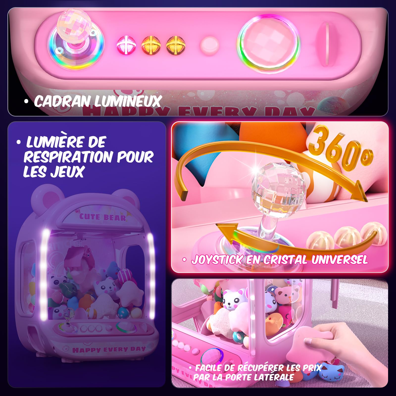 Machine à Griffer pour Enfants, Jouets Licorne pour Filles 6+, Jeux d'Arcade Mini Distributeur de Bonbons avec Jouet Squishy, Rose