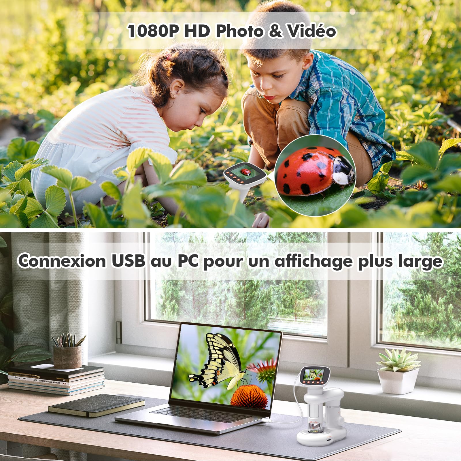 HOMEASY Microscope Enfant: Microscope Numérique 50-1000X avec Écran HD 2,0", 8 LED Réglables, Rechargeable, Compatible Windows/Mac, Stockage Photos/Vidéos, Cadeaux Éducatifs pour Enfants de 4-12 Ans