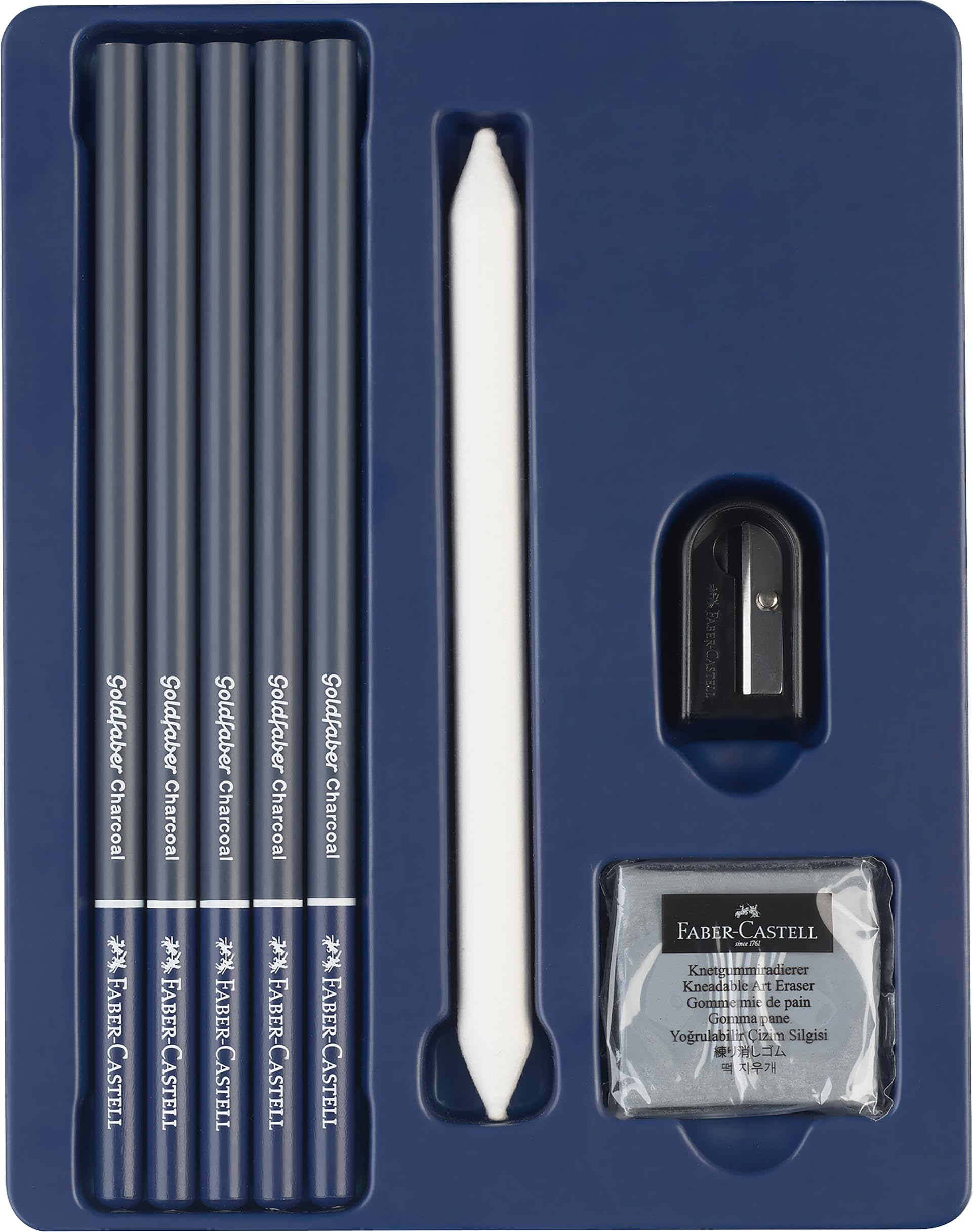 Faber-Castell 114006 - Set per schizzi a carboncino Goldfaber, 8 pezzi, incl. matite a carboncino, temperino, gomma per carta e gomma per cancellare