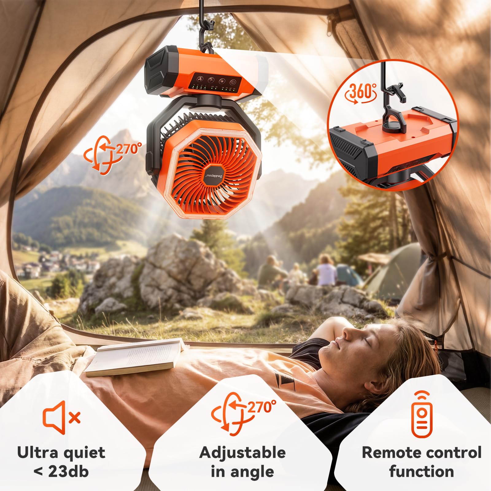 Doublepow Ventilador de camping de 20.000 mAh con luz LED, ventilador de mesa portátil con control remoto y gancho, oscilante automático, 4 velocidades y temporizador, funciona con batería recargable