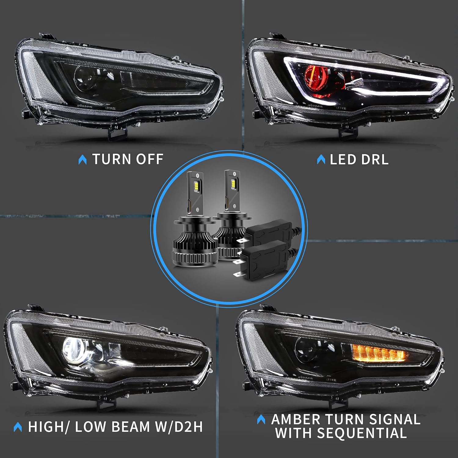 VLAND Projector Headlights + Led Bulbs Compatible with Lancer& EVO 10th gen 2008-2023 w/Demon Eyes w/Sequential Indicator w/Smoke Lens Passenger+ Driver Sides+Bulbs (Smoke Lens+Demon Eyes+Led Bulbs)