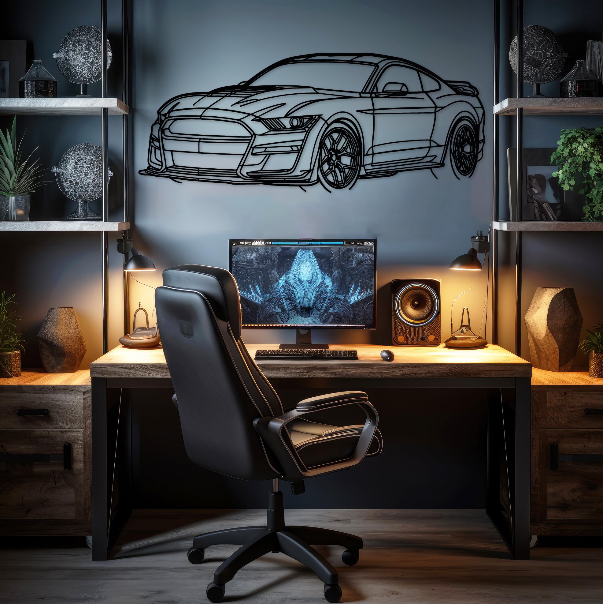 DecoSoul Mustang Metal Car Wall Art, Sports Car, Automotive Silhouette Line Decoration, Minimalist Sculpture for Garage, Indoor Outdoor Wall Hanging, Gift for Boyfriend (Black - 25 x 6.9” inch)