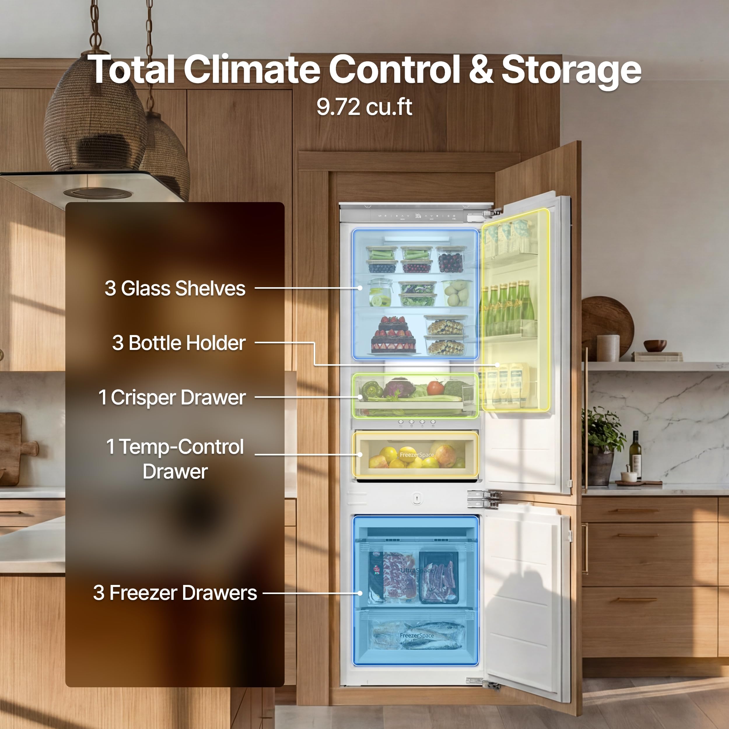Ca'Lefort 22" Panel Ready Refrigerator With Bottom Freezer, 3-Zone Temperature Control, Built-In Panel-Ready Fridge Perfect For Modern Kitchens, 9.72 Cu.Ft (Panel Not Included) on Fridge.com - View 5