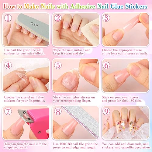 Miniatura 5 de Uñas postizas a presión de 24 colores de cobertura completa, 576 unidades, uñas largas a presión con diamantes de imitación, cintas adhesivas para