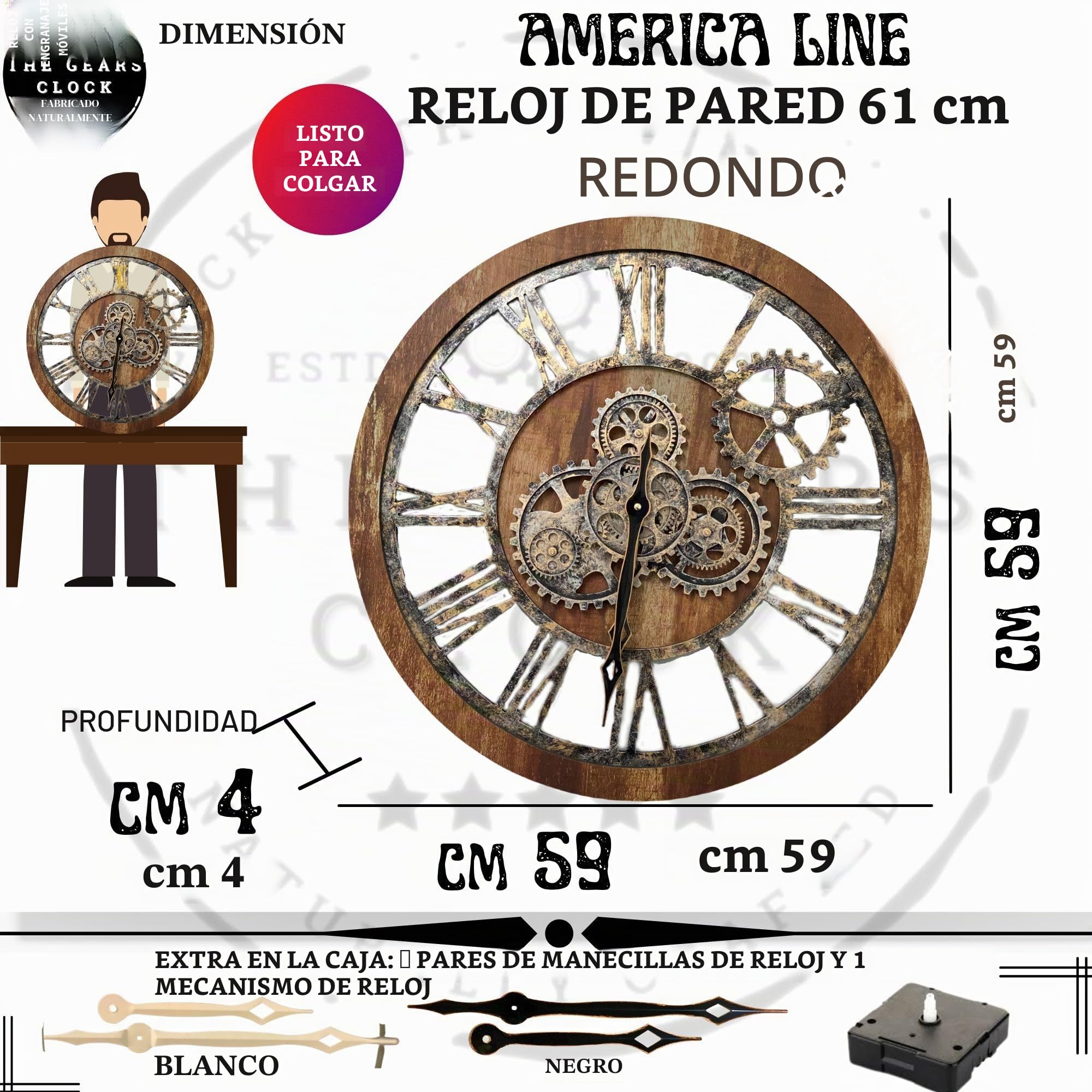 El Reloj de Engranajes El Original con Engranajes Reales en Movimiento Reloj de Pared Industrial de Gran tamaño (60 cm), Color Gris y Bronce