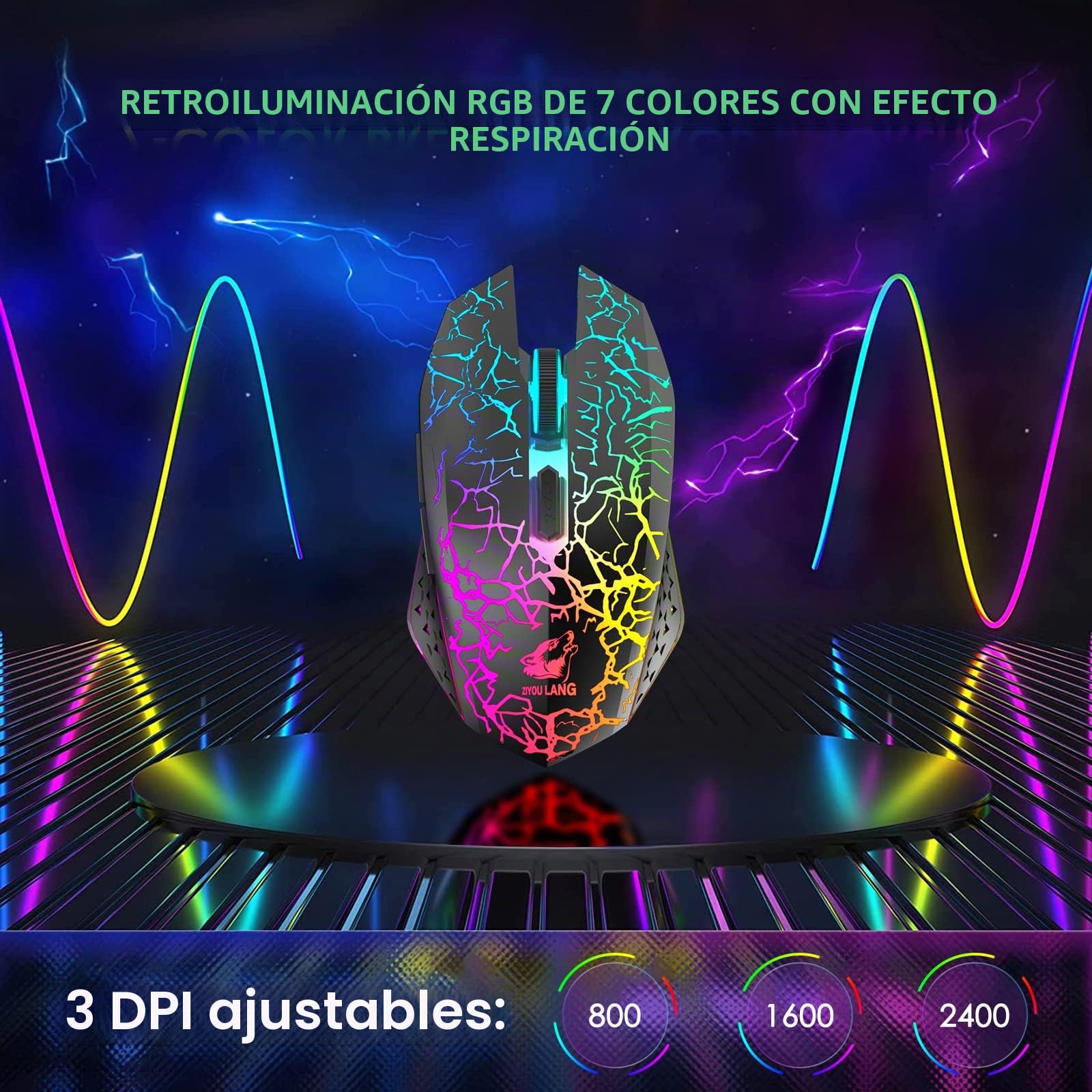 Conjunto de combo de teclado y ratón inalámbrico de 60% conjunto de 2,4 GHz 38000mAh 61 teclas compactas teclado con arco iris led retroiluminado + 2400dpi 6 botones arco iris LED Mouse (Negro)