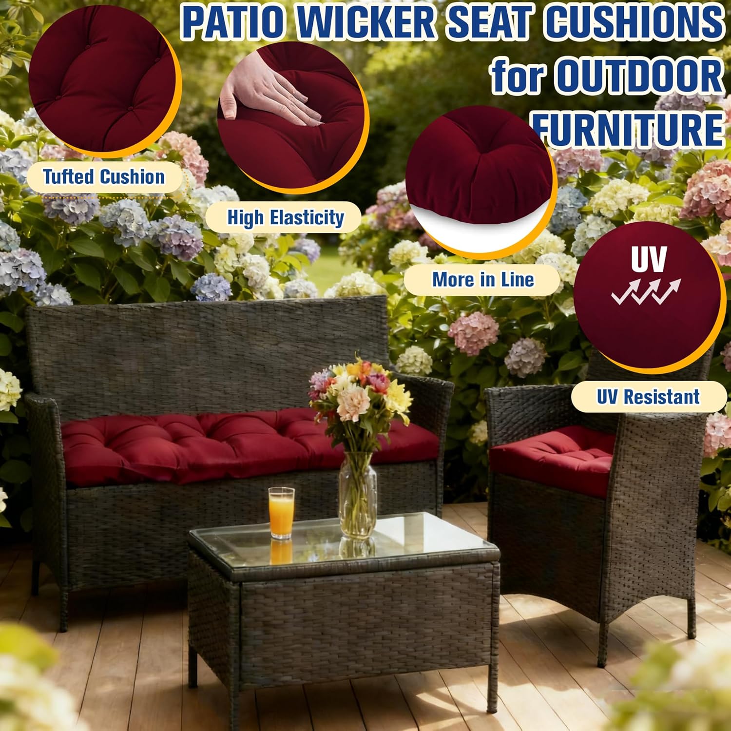 Patio Furniture Cushions Outdoor, Waterproof Wicker Chair Cushions Set of 3, 1 Loveseat & 2 Seat Pads, Thick Outdoor Replacement Cushions for Porch Lawn Bench Couch Sofa Swing, Burgundy