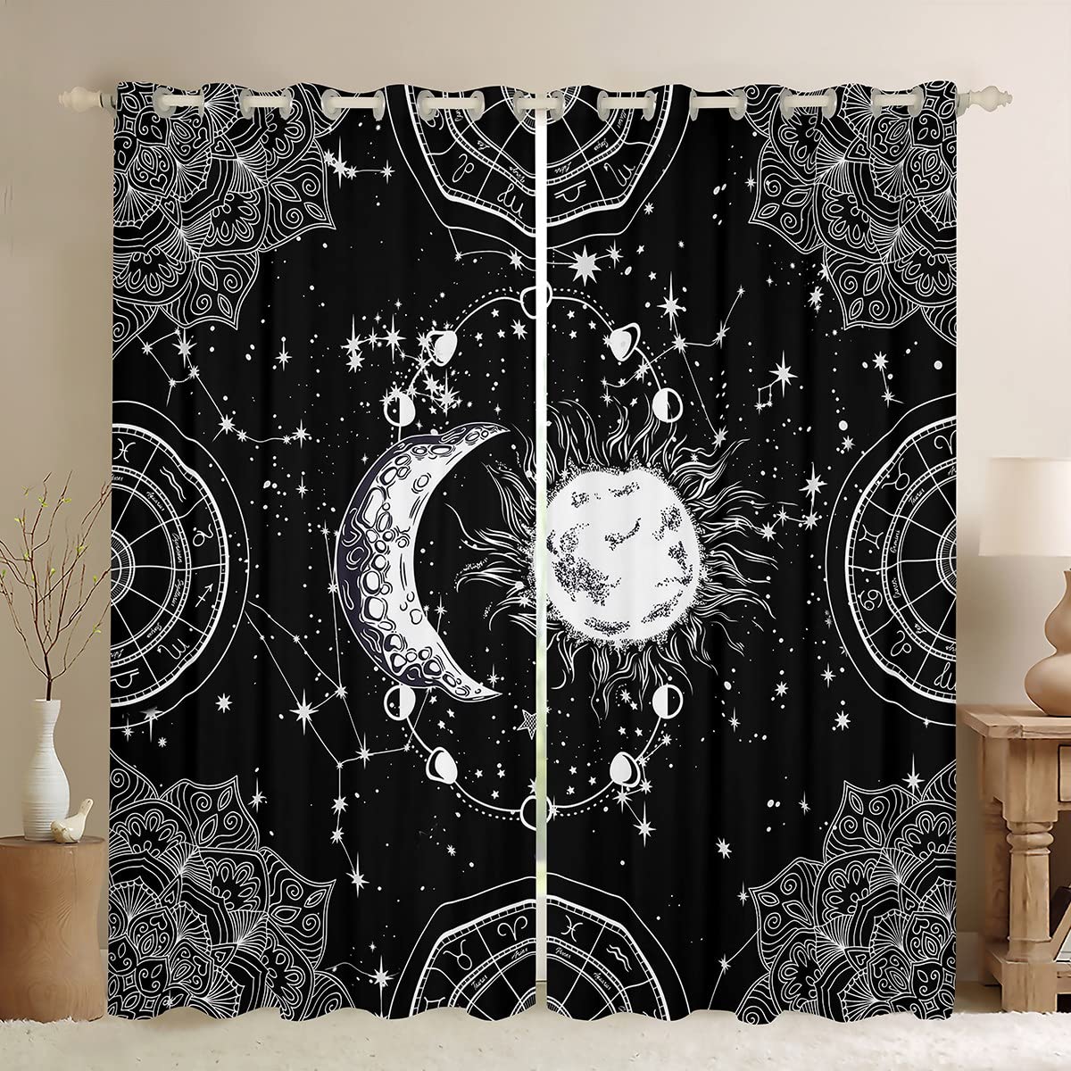 Loussiesd Galaxy Curtain Constellation Darkening Window Dreapes for Bedroom Gothic Boho Mandala Blackout CurtainsSun and Moon Window Treatments Black White W46*L72