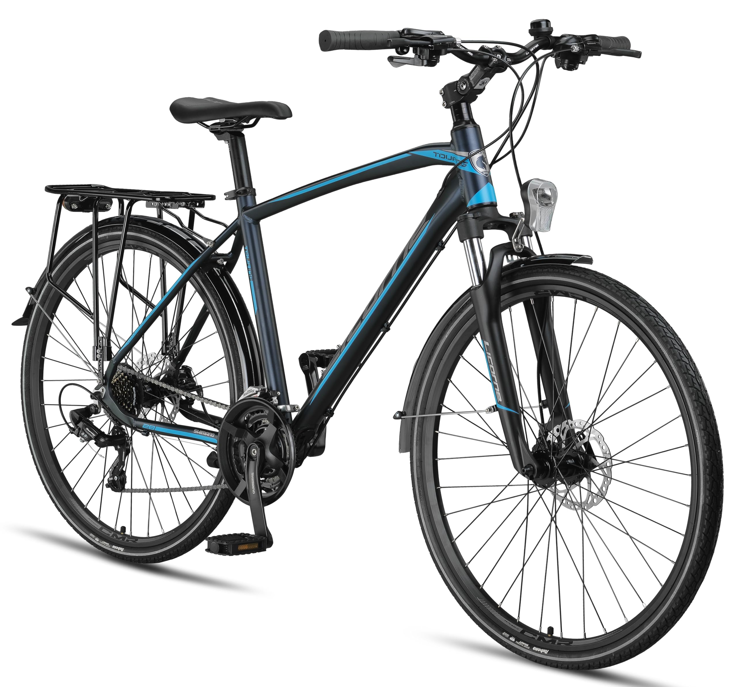 Licorne Bike Vélo de trekking 28 pouces, avec frein à disque en aluminium, 21 vitesses - VTT - Vélo cross(pour homme, bleu marine)