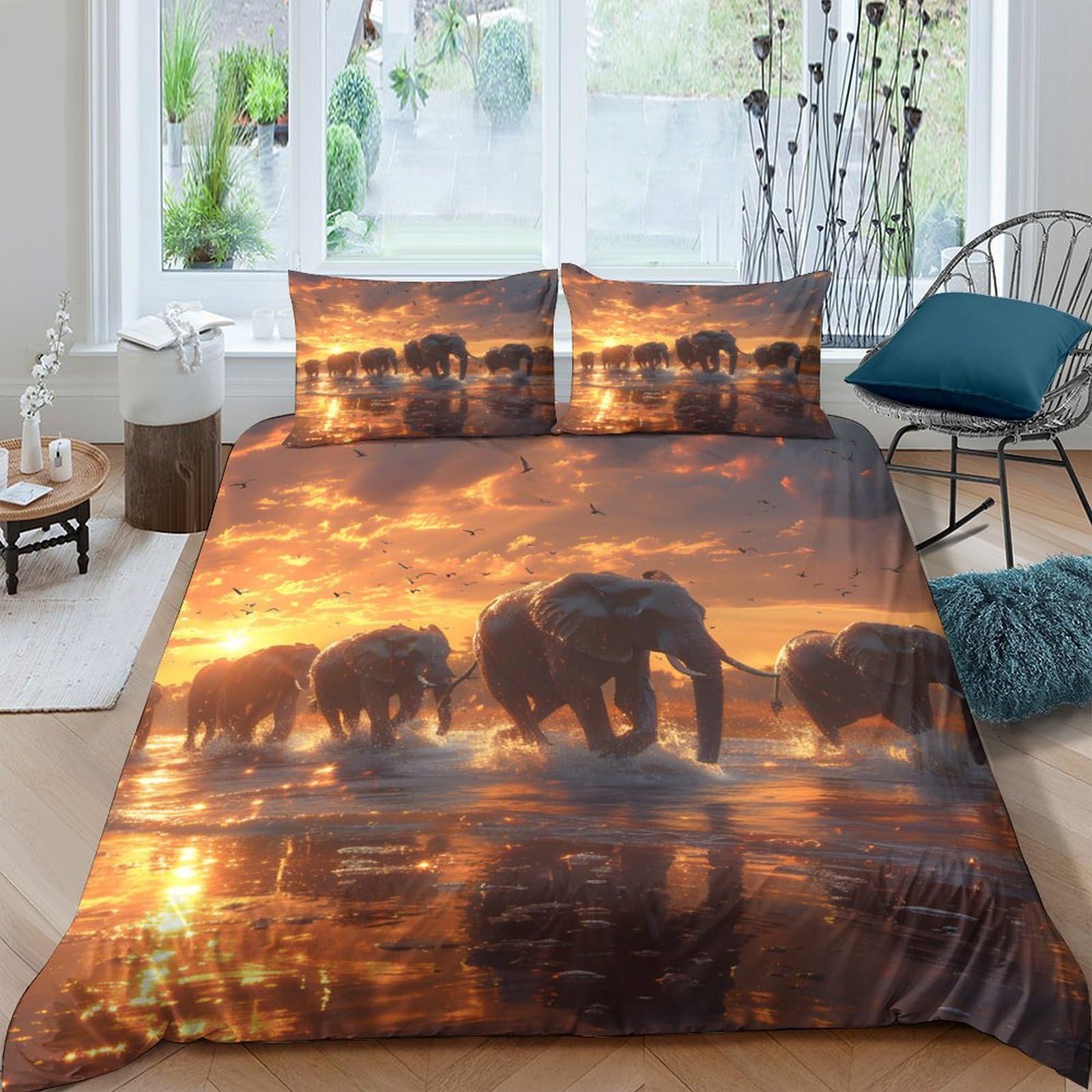 Ctjqhvkz Style-2 3D Printed Sunset Elephant Fitted Sheet Microfiber Anti-Slip Bed Cover For Bedroom Dorm Hotel Decor Machine Washable Single（135X200cm）