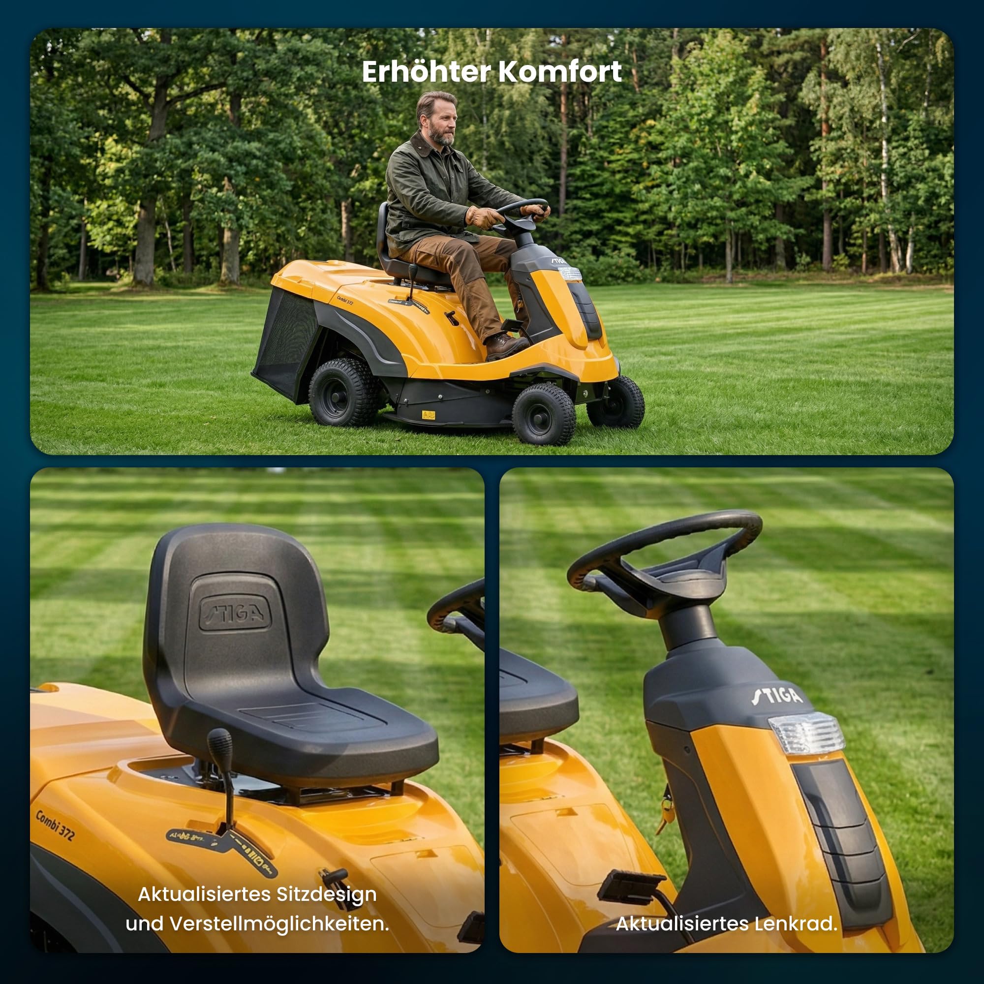 STIGA Combi 372 Aufsitzmäher, 414 cc, 72 cm, 170 L – Hydrostatisches Getriebe, Mulchfunktion – Rasenflächen bis 2.500 m²