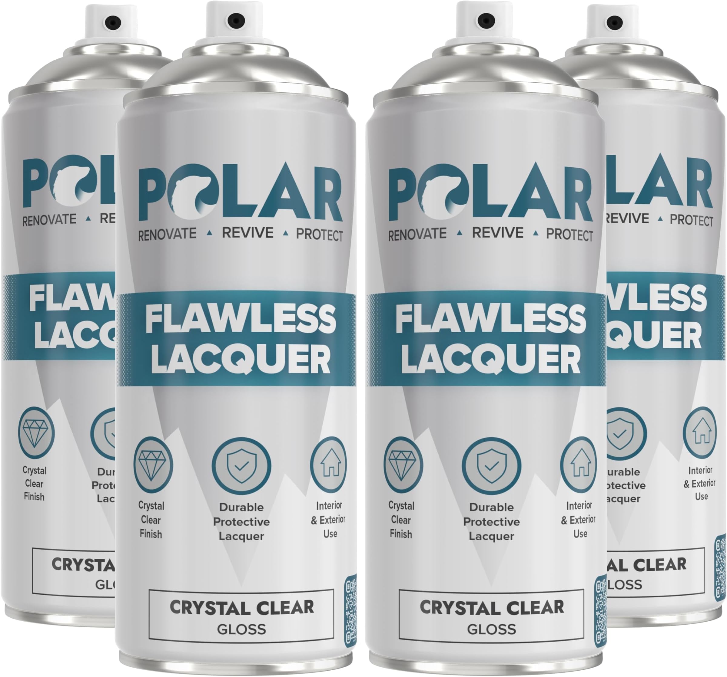 Polar Flawless Lacquer Spray - 4x400ml, Clear - Protective Coating for Wood, Ceramic, Glass, Plastic & Metal - Scratch Resistant & UV Protection - Primer for DIY, Interior & Exterior - Gloss Finish