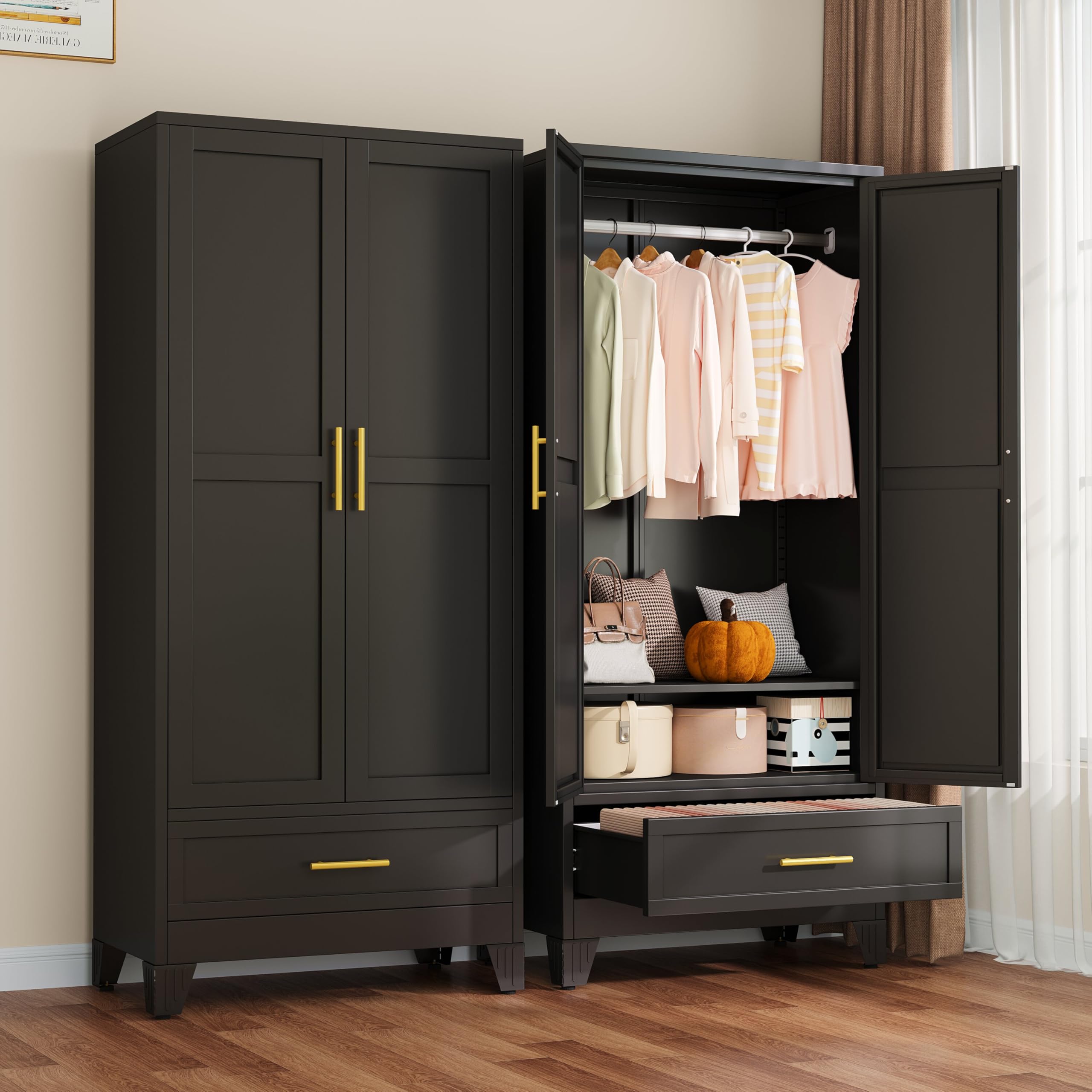 winiowa Metal Armoire Wardrobe Closet with Drawer, 71" Wardrobe Cabinet with Adjustable Shelves and Hanging Rod, Clothing Storage Cabinet Closet for
