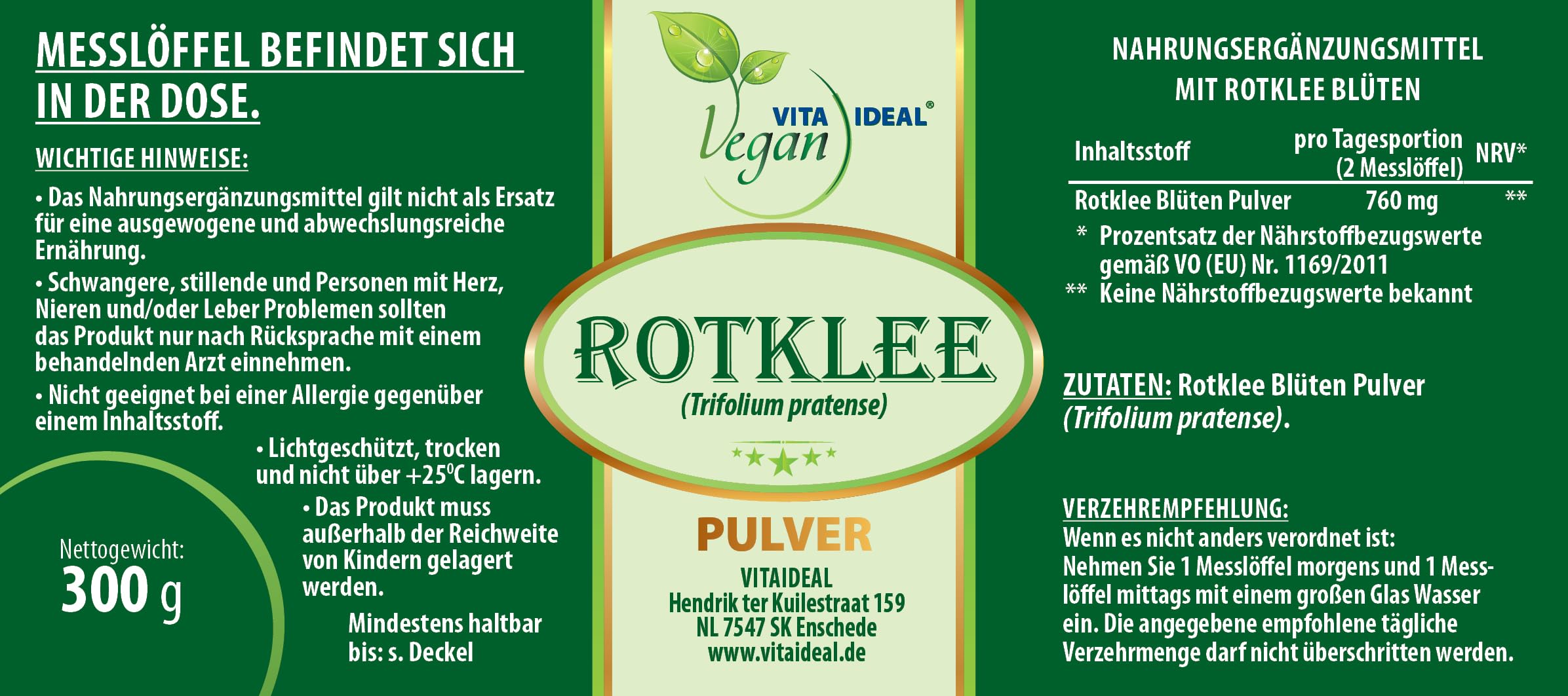 VITA IDEAL Vegan® ROTKLEE - Blüten 4x 300g PULVER - Trifolium pratense - Tagesportion 760mg ROTKLEEBLÜTEN, natürlich, pflanzlich & ohne Zusatzstoffe, Inklusive Messlöffel.
