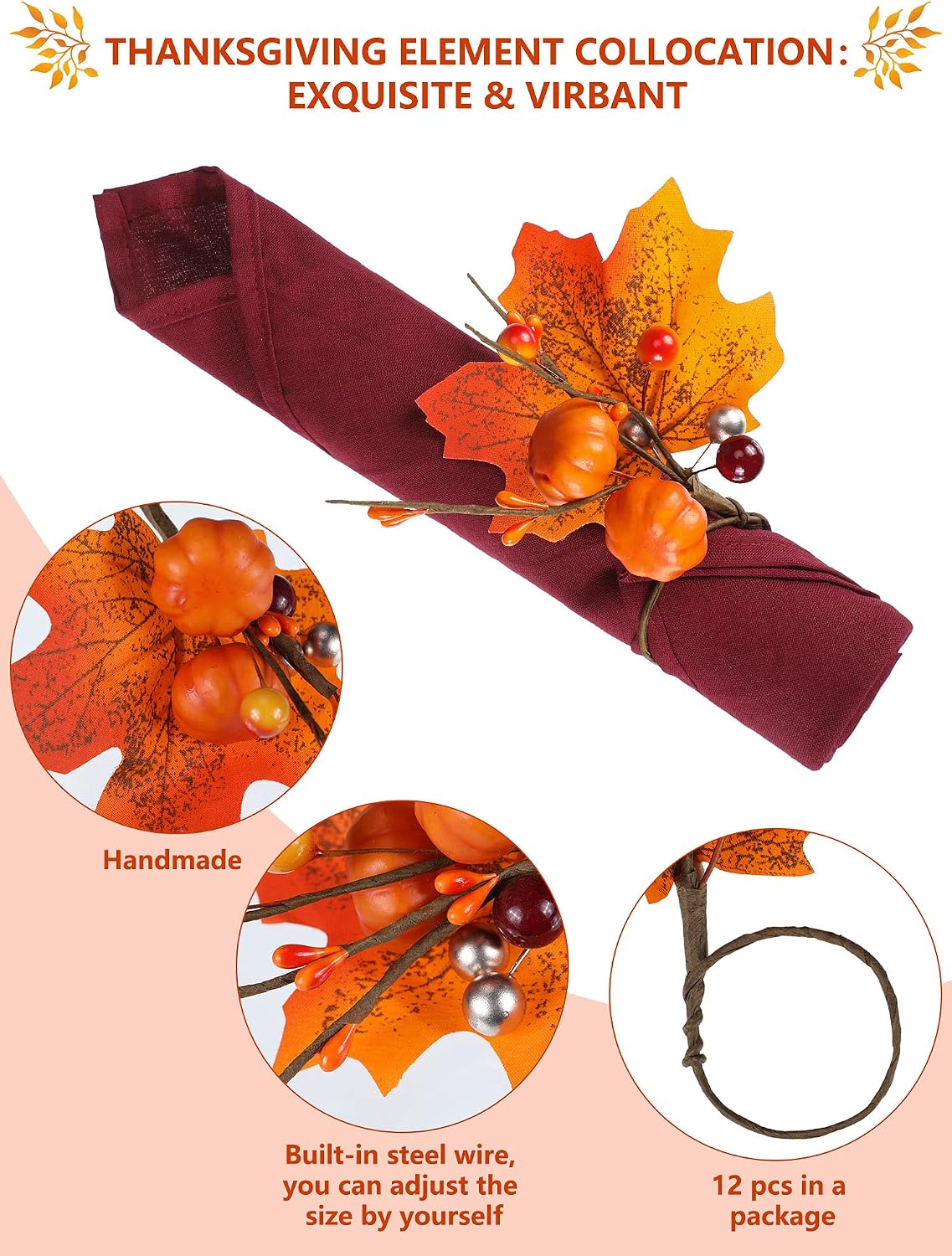 Patelai 12 Pcs Fall Napkin Rings Pumpkin Maple Leaf Ring Holder