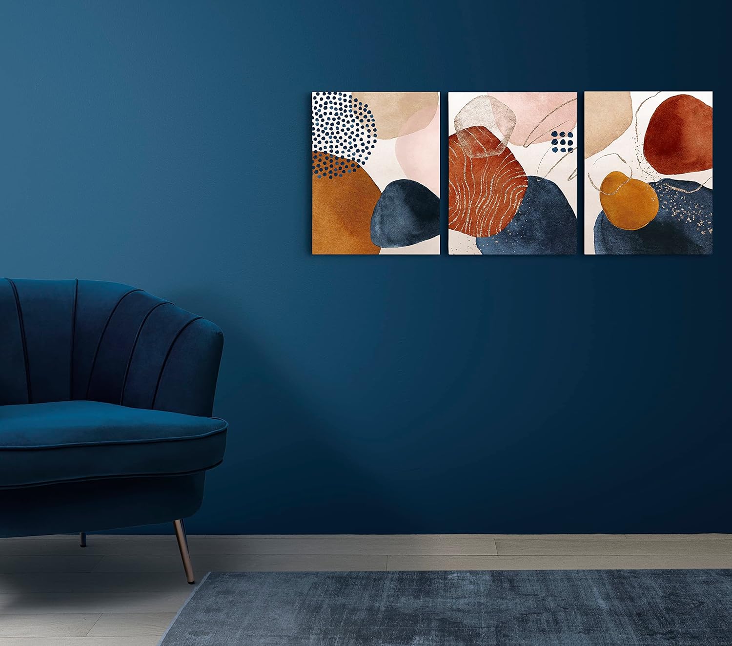 Framed Terracotta Blue and Orange Abstract Canvas Wall Art Set of 3 Burnt Orange Boho Wall Decor Navy Blue 3 Piece Mid Century Modern Wall Paintings Minimalist Naive Art Prints for Kitchen, Living
