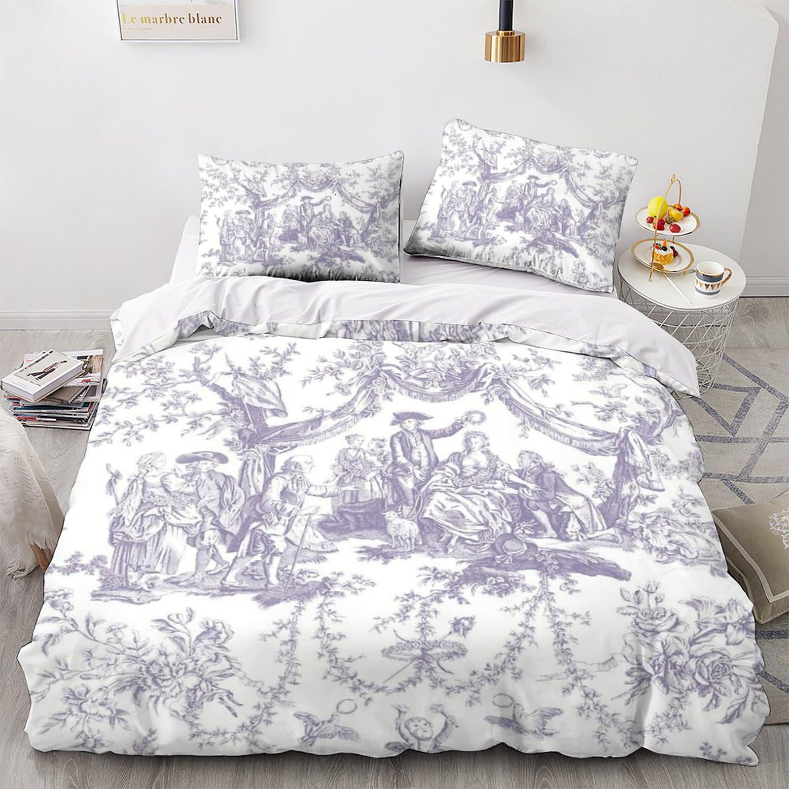 Lently Motif Of Toile De Jouy Duvet Cover With Pillowcases 3D Printed Bedding Set With Zipper Closure Unique Design Anti-Allergic Quilt Cover King（220X240cm）