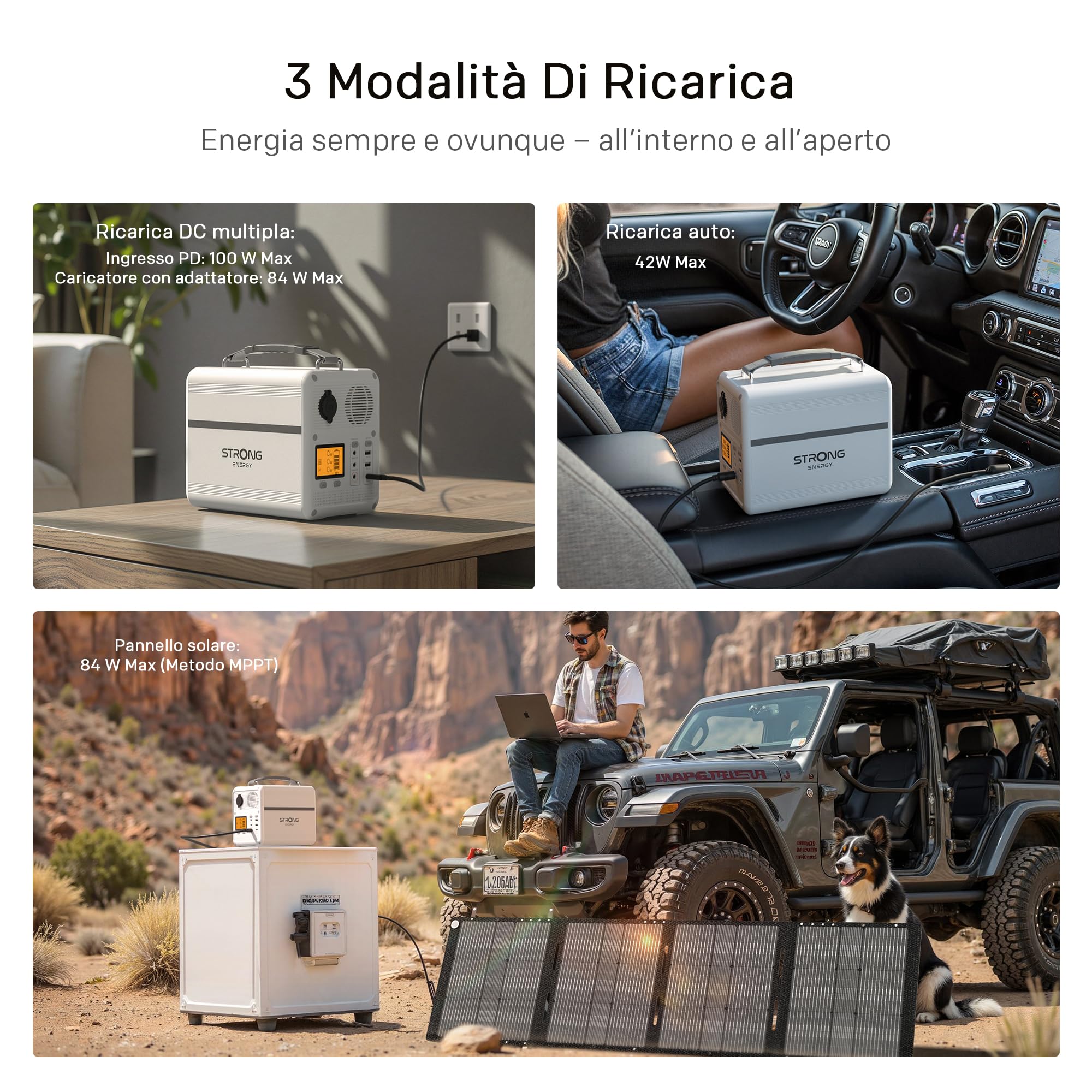 STRONG P500 Stazione Elettrica Portatile, Batteria LFP 460,8Wh, Generatore Solare 500W Peak, Ricarica Solare/DC/Auto, Tecnologia MPPT, Protezione BMS, QC3.0+PD100W per Campeggio, Viaggi ed Emergenze