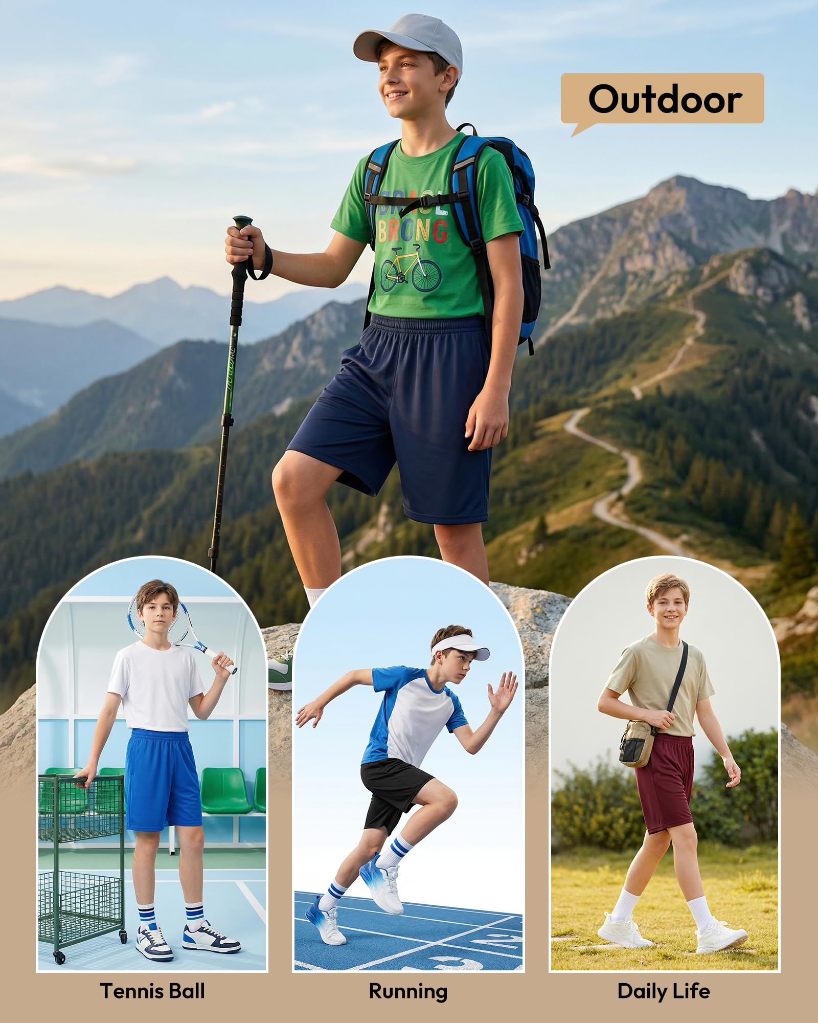 Lot de 5 shorts de sport respirants décontractés pour garçons, pour la course, le basket-ball et le football, à séchage rapide, légers, avec poches