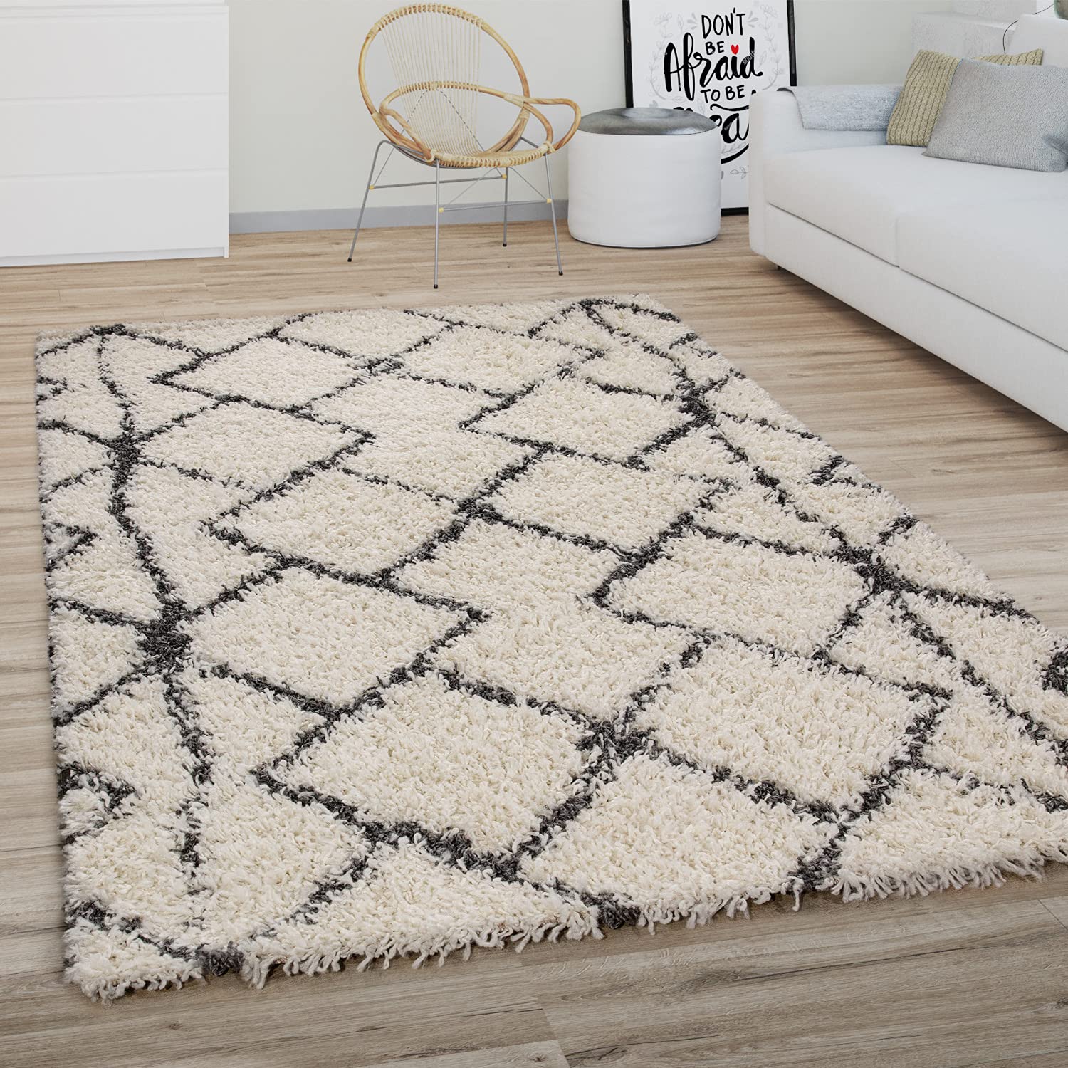 Paco Home Hochflor Teppich Wohnzimmer Schlafzimmer Boho Skandinavisch Shaggy Modern Rautenmuster, Grösse:200 cm Rund, Farbe:Creme Anthrazit 2