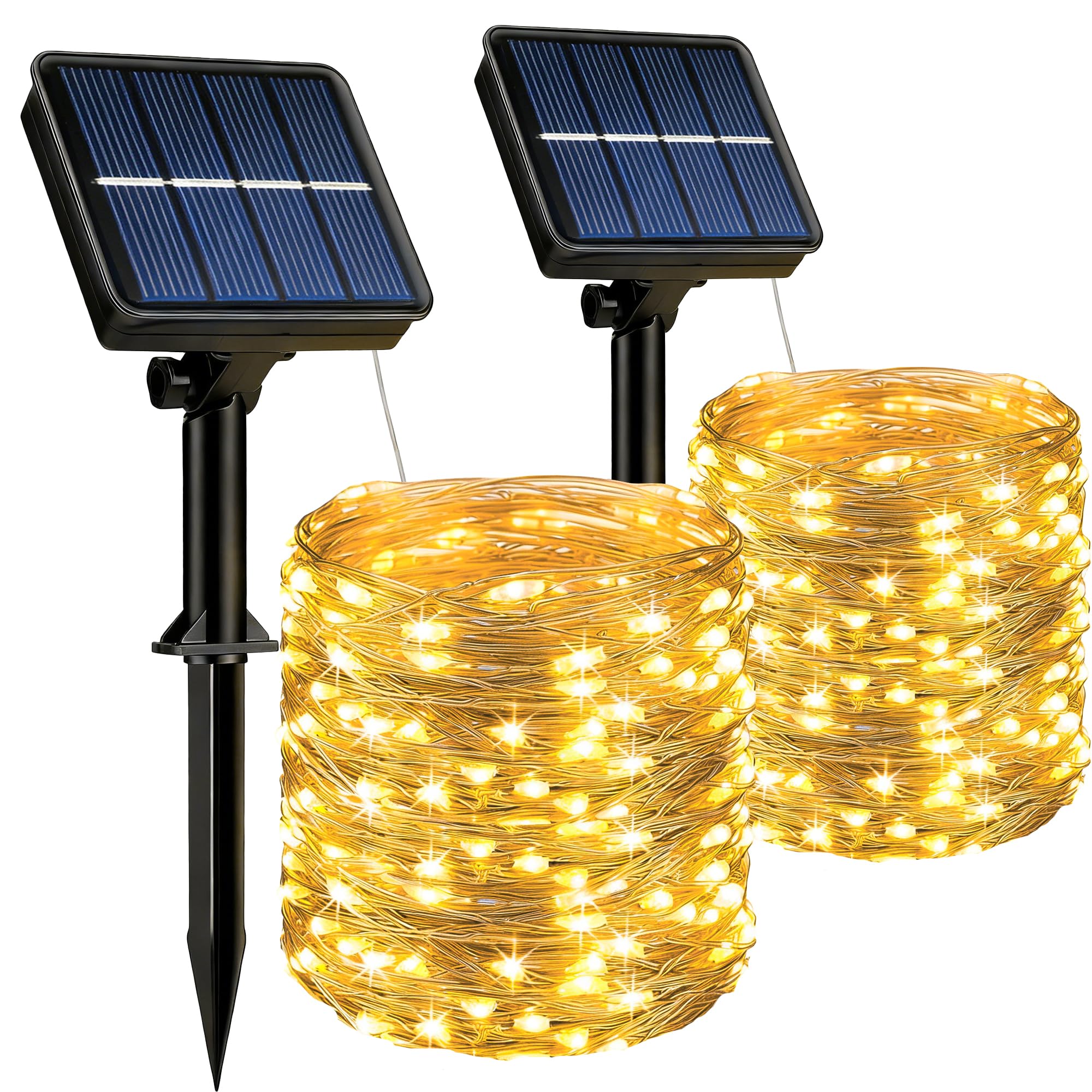HeiPard Solar String Lights Outdoor, 2 Pack 10m 100 LED Solar Fairy Lights with Waterproof 8 Modes Copper Wire, Solar Garden Lights for Patio Balcony Fence Tree Party (Warm White)