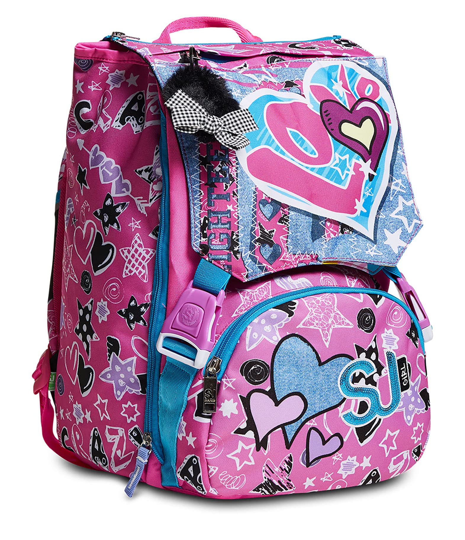 Zaino Scuola Estensibile - SJ Cuteled Girl Bambina - Rosa - Flip System diverse fantasie con cuore LED