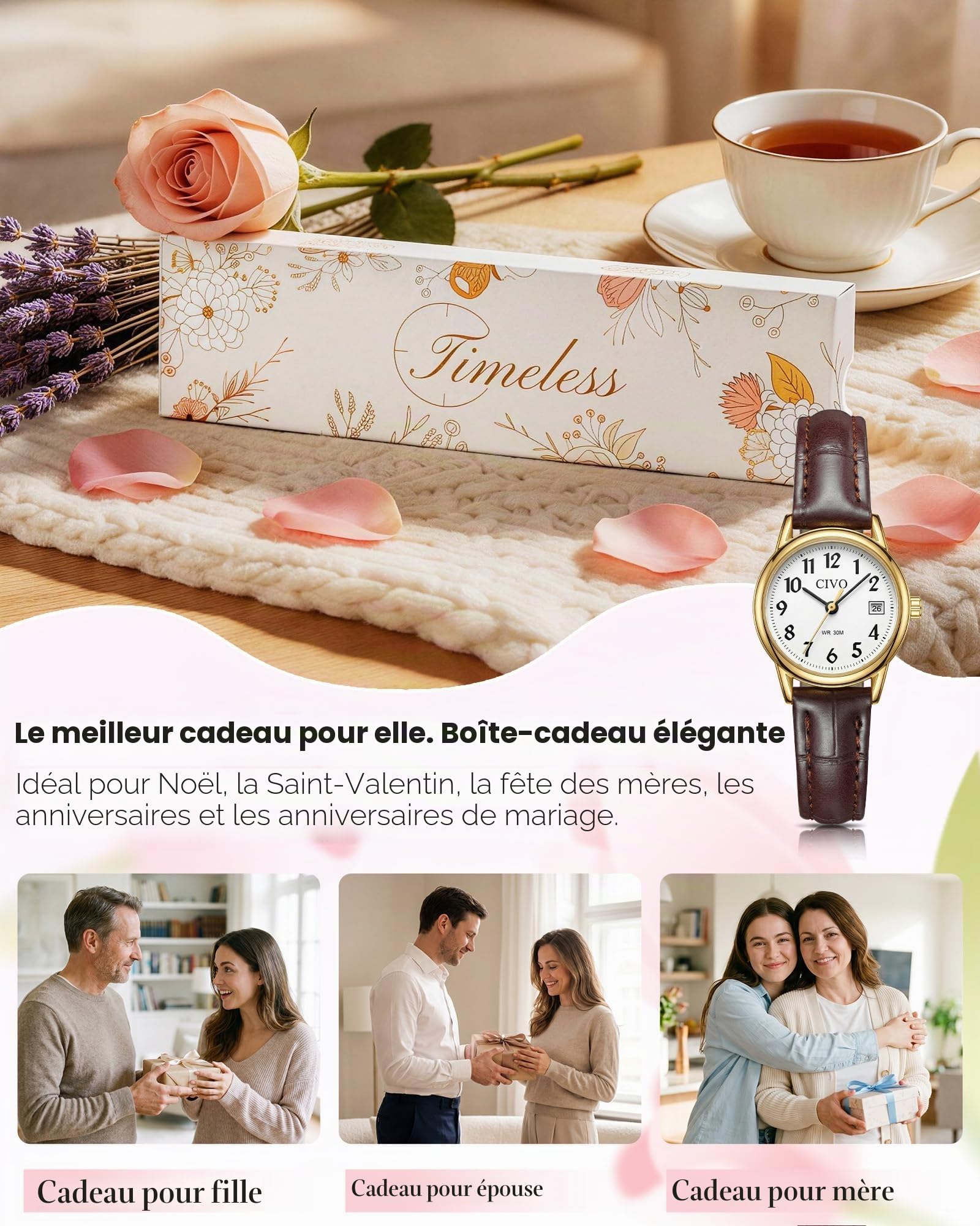 CIVO Montre Femme Vintage Analogique: 25MM Petite Cadran Chiffres Clairs Lisibles Bracelet Cuir Souple Légère Etanche avec Date - Cadeau Fête des Mères Saint-Valentin