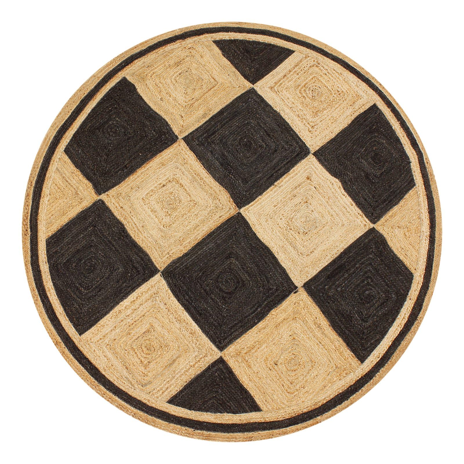 Tapis Kilim rond tressé main en jute authentique beige et noir 1,2m
